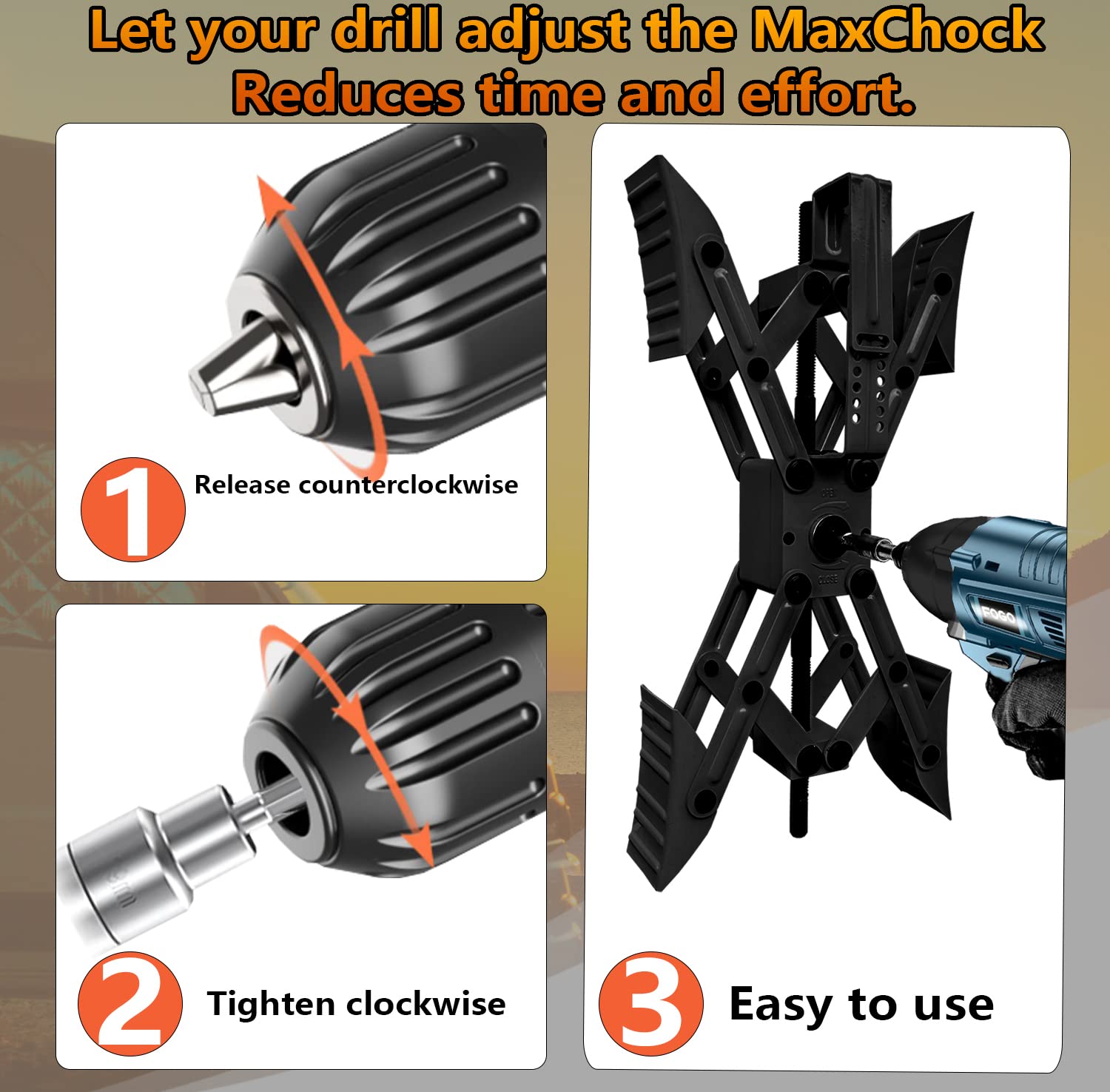 RVPNR set includes two chocks, locks, drill bit, and bag for portability.