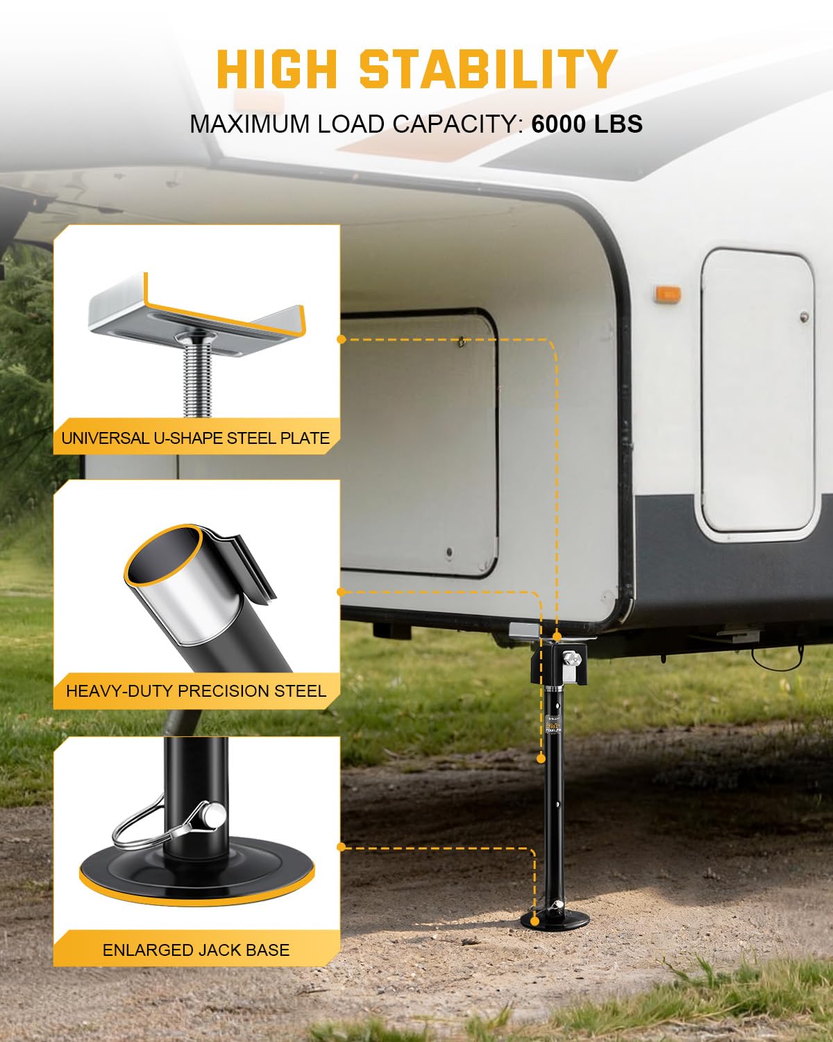 RVSHARK drill-powered lift demonstrates fast, effortless setup on uneven campsite terrain.