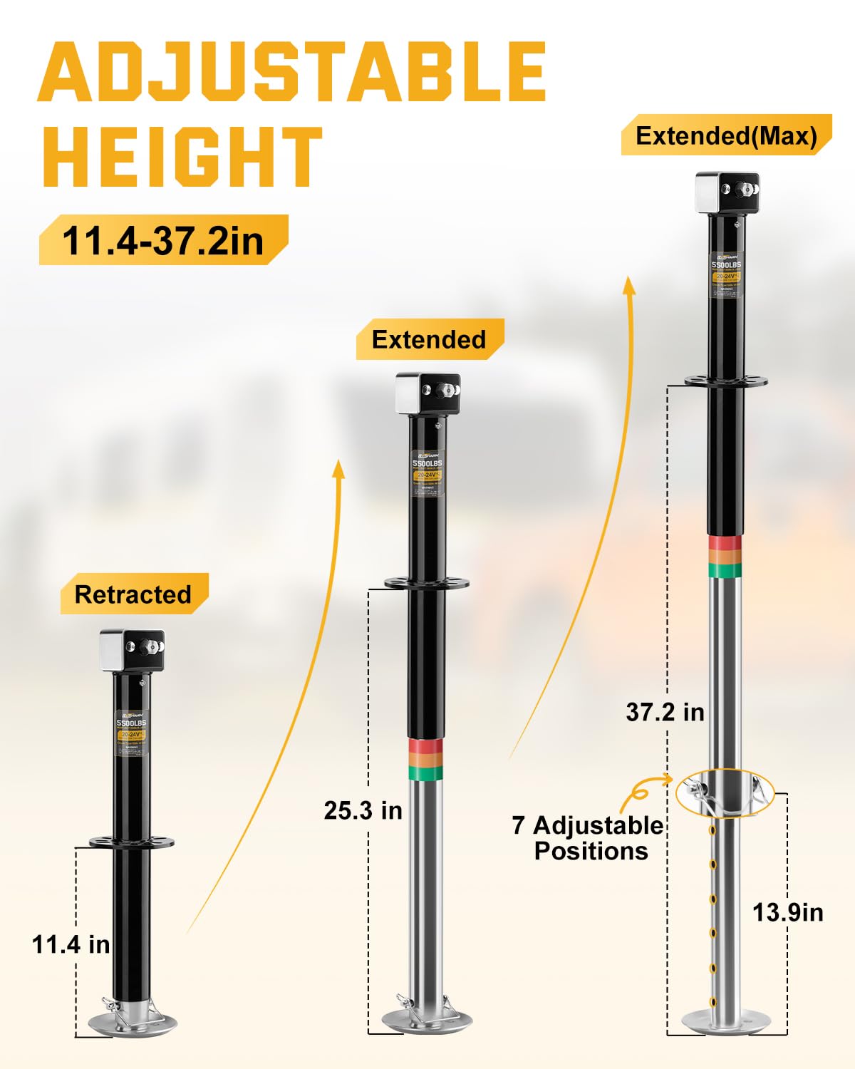 RVSHARK seven-level extendable drop leg adapts to different hitch heights