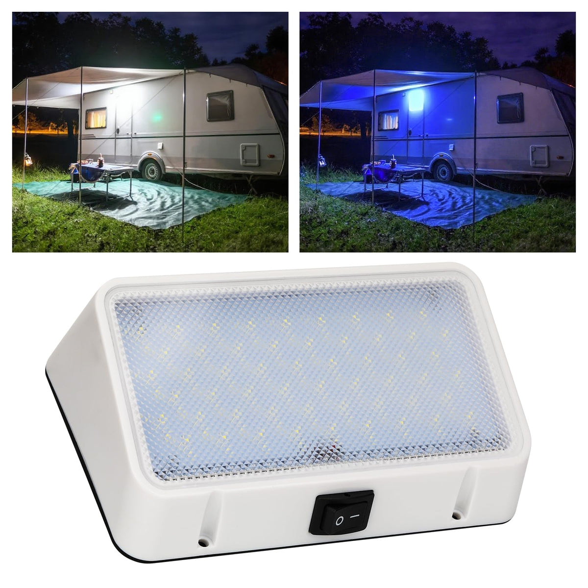 RVZONE 12V RV LED exterior porch light installed on a camper for bright illumination.