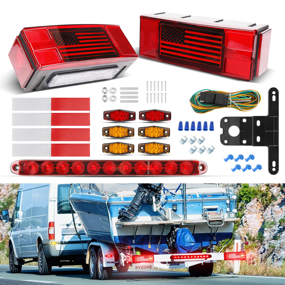 RVZONE left rectangular trailer light with license plate illumination for night visibility.