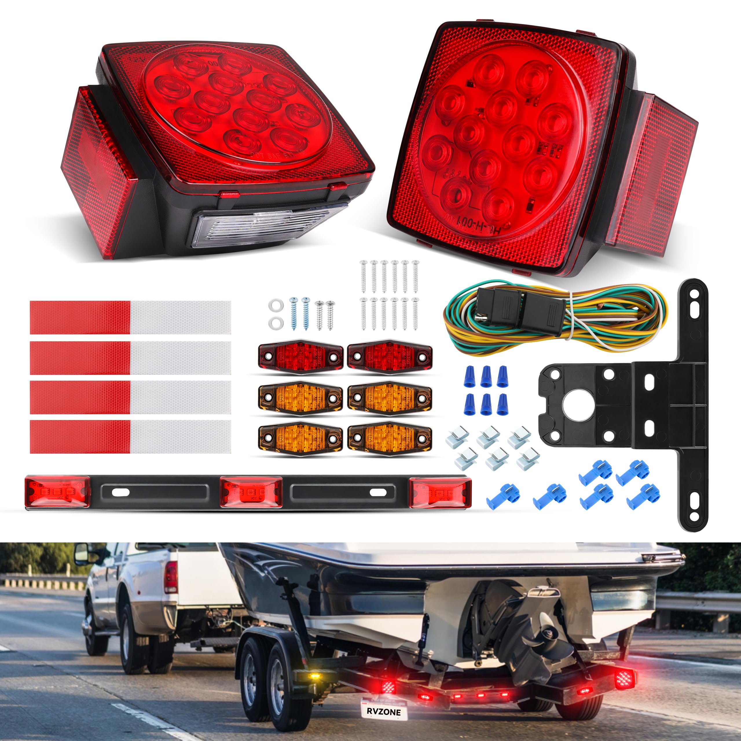 RVZONE Left LED trailer tail light with license plate illumination for clear nighttime visibility.
