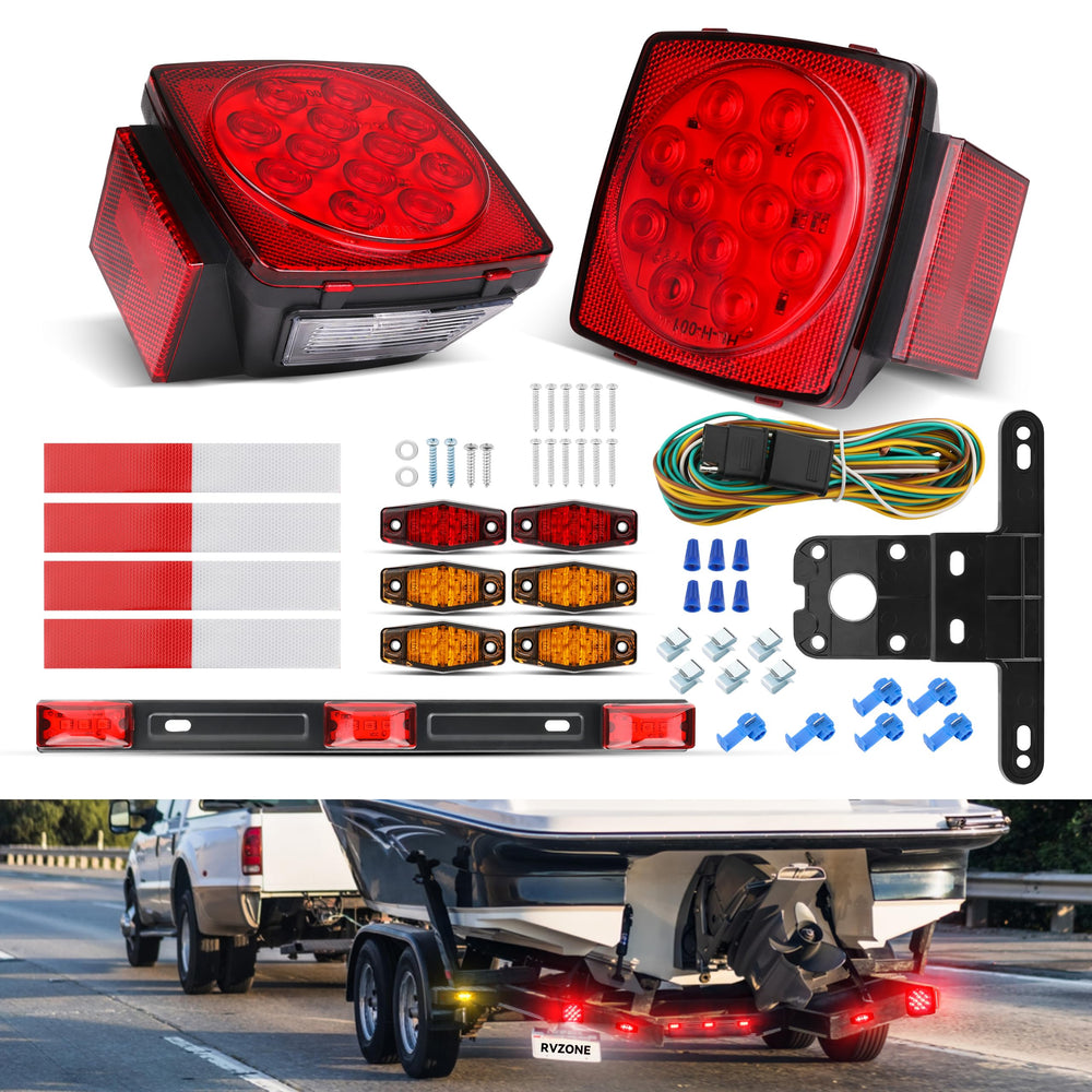 RVZONE Left LED trailer tail light with license plate illumination for clear nighttime visibility.