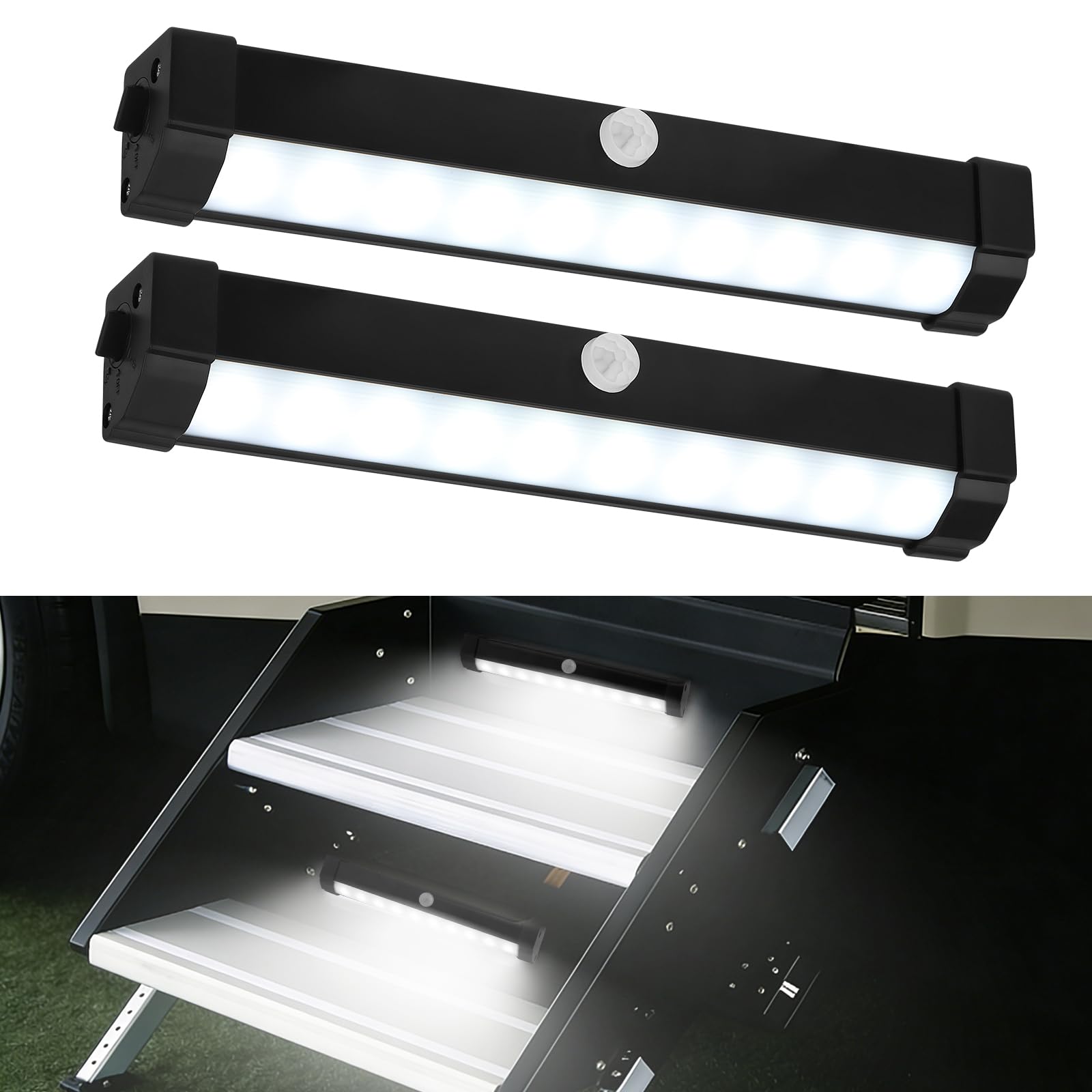 RVZONE motion-activated step light, IP65 rated for outdoor camper use.
