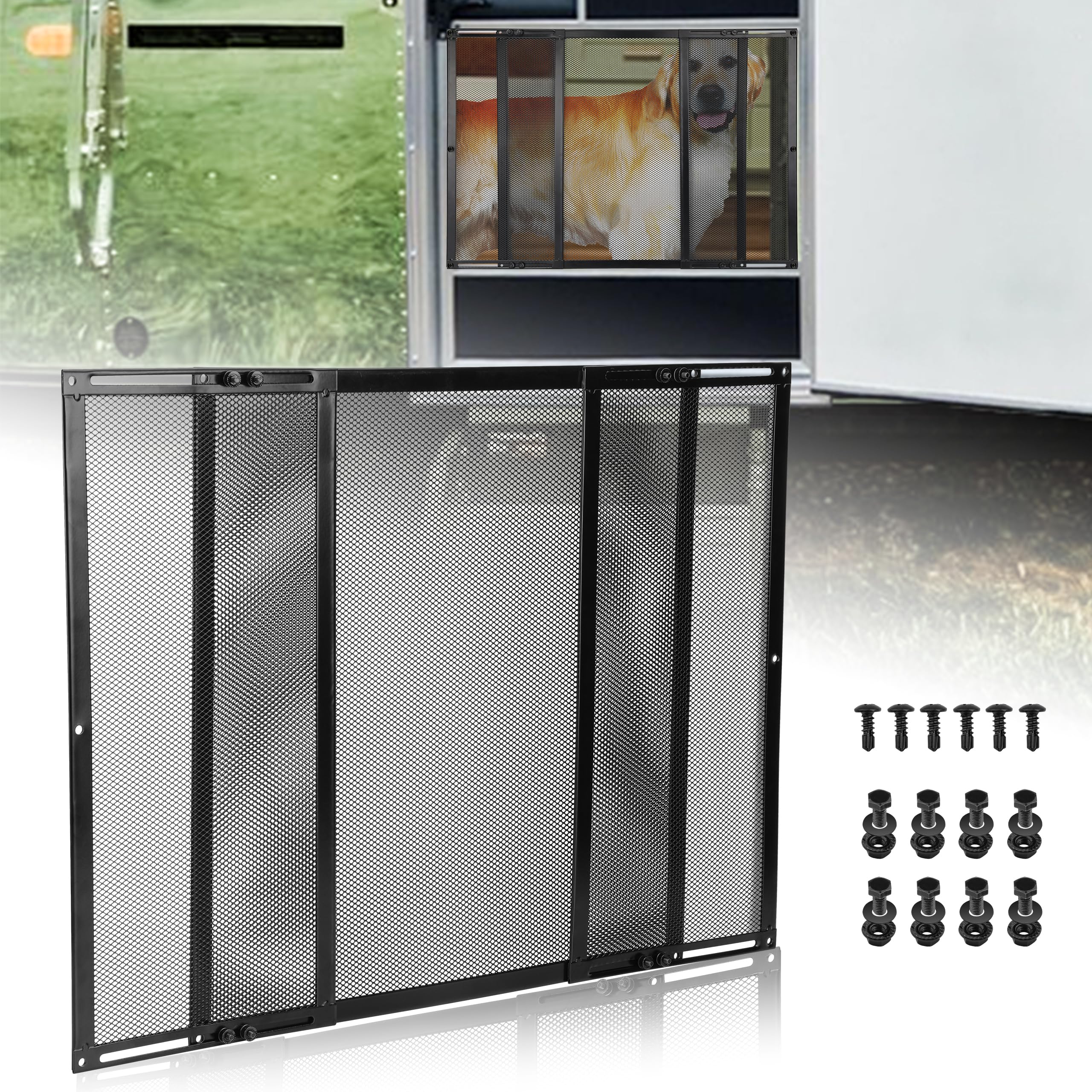 RVZONE Premium RV Screen Door Protector shows adjustable fit from 21.5 to 35 inches for secure doors.