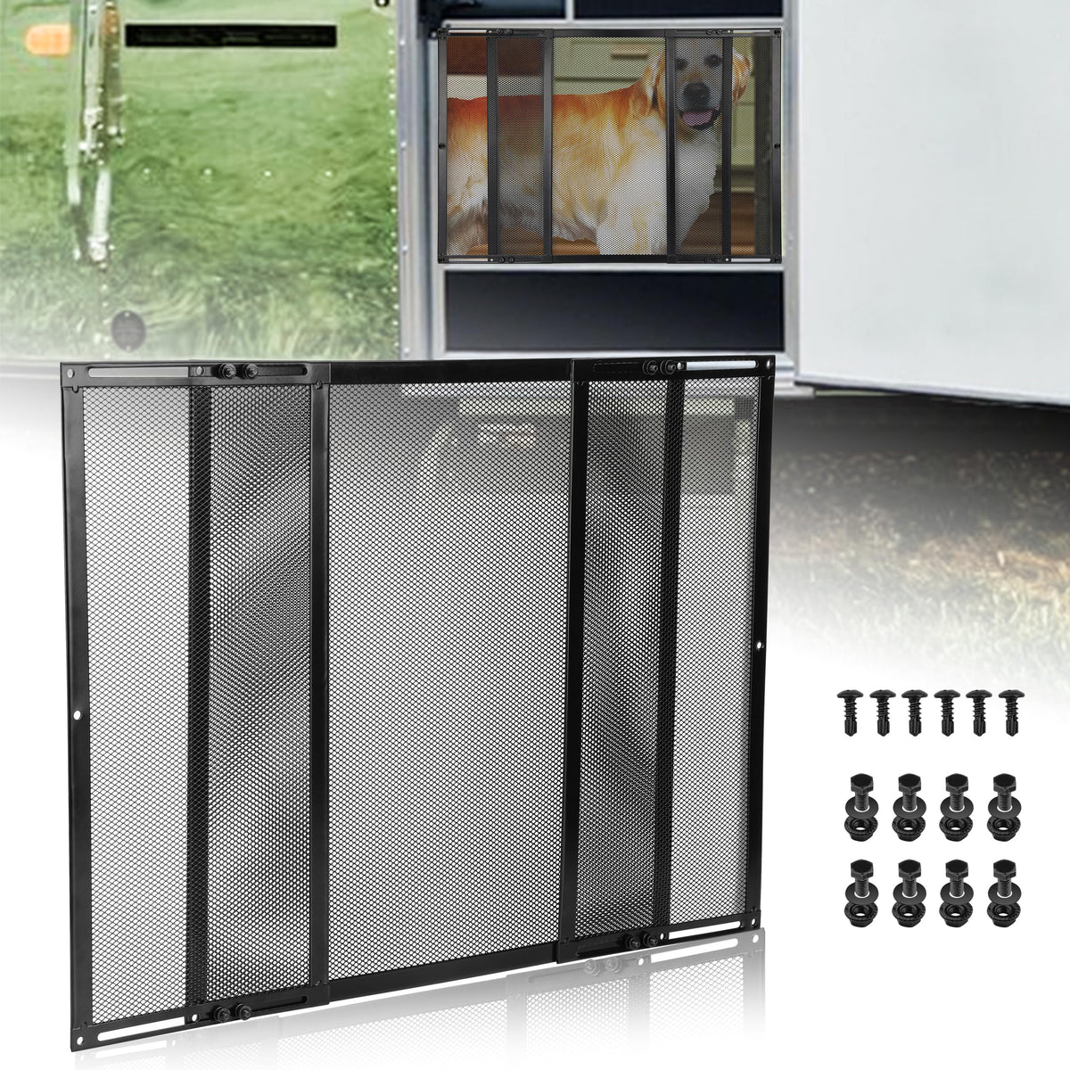 RVZONE Premium RV Screen Door Protector shows adjustable fit from 21.5 to 35 inches for secure doors.