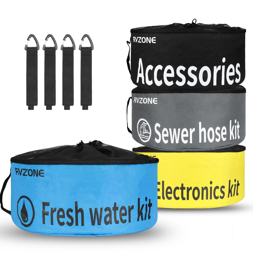 RVZONE blue hose storage bag showing large capacity for water hoses.