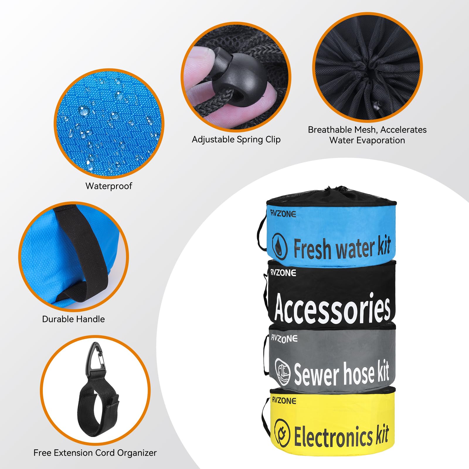 Included straps for hanging and organizing tubes with the RVZONE bag.