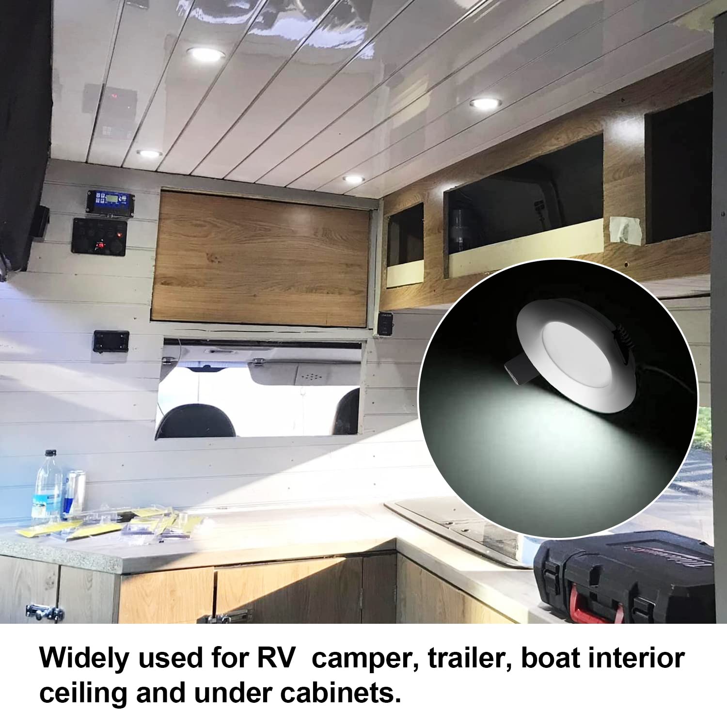 RVZONE slim-profile ceiling light installed in a compact RV interior.