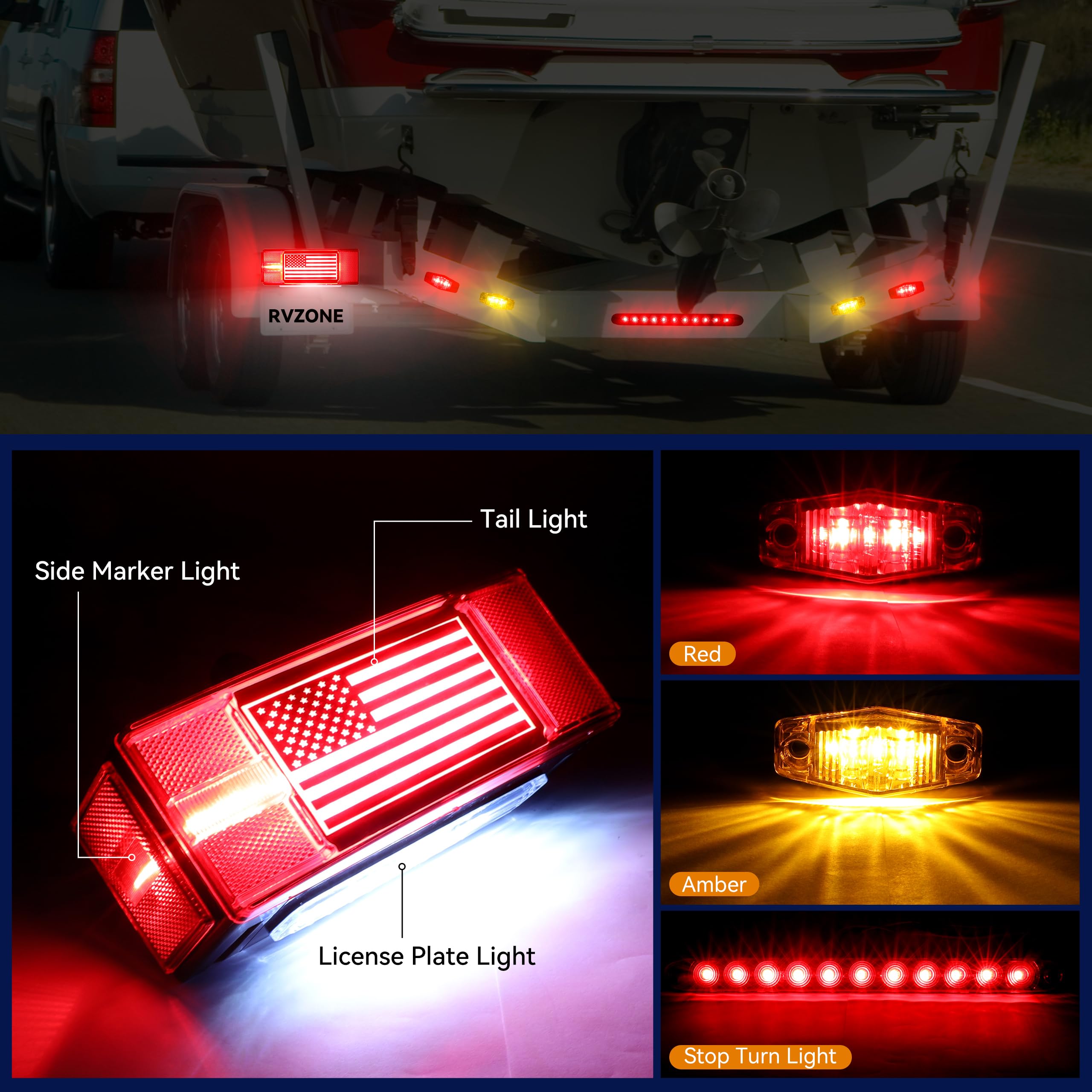 RVZONE side marker lights in red and amber for enhanced trailer visibility.