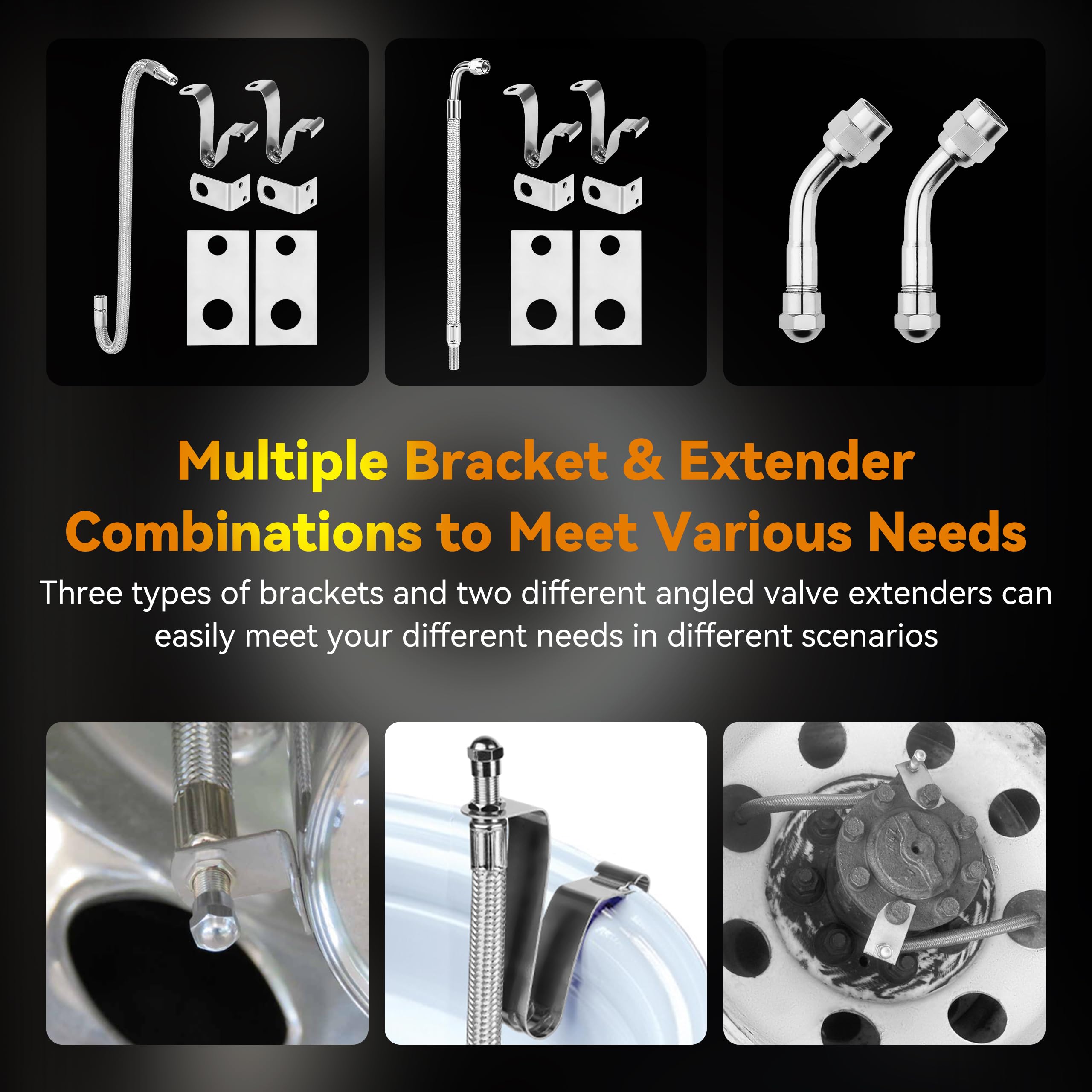 RVZONE valve stem extender brackets secure hoses during tire inflation