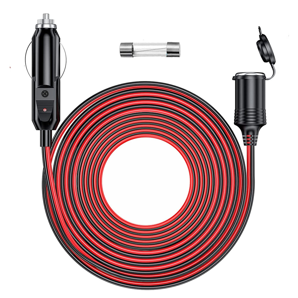 RWUJILONG 12V/24V extension cord stretched to reach a car outlet for multiple devices.