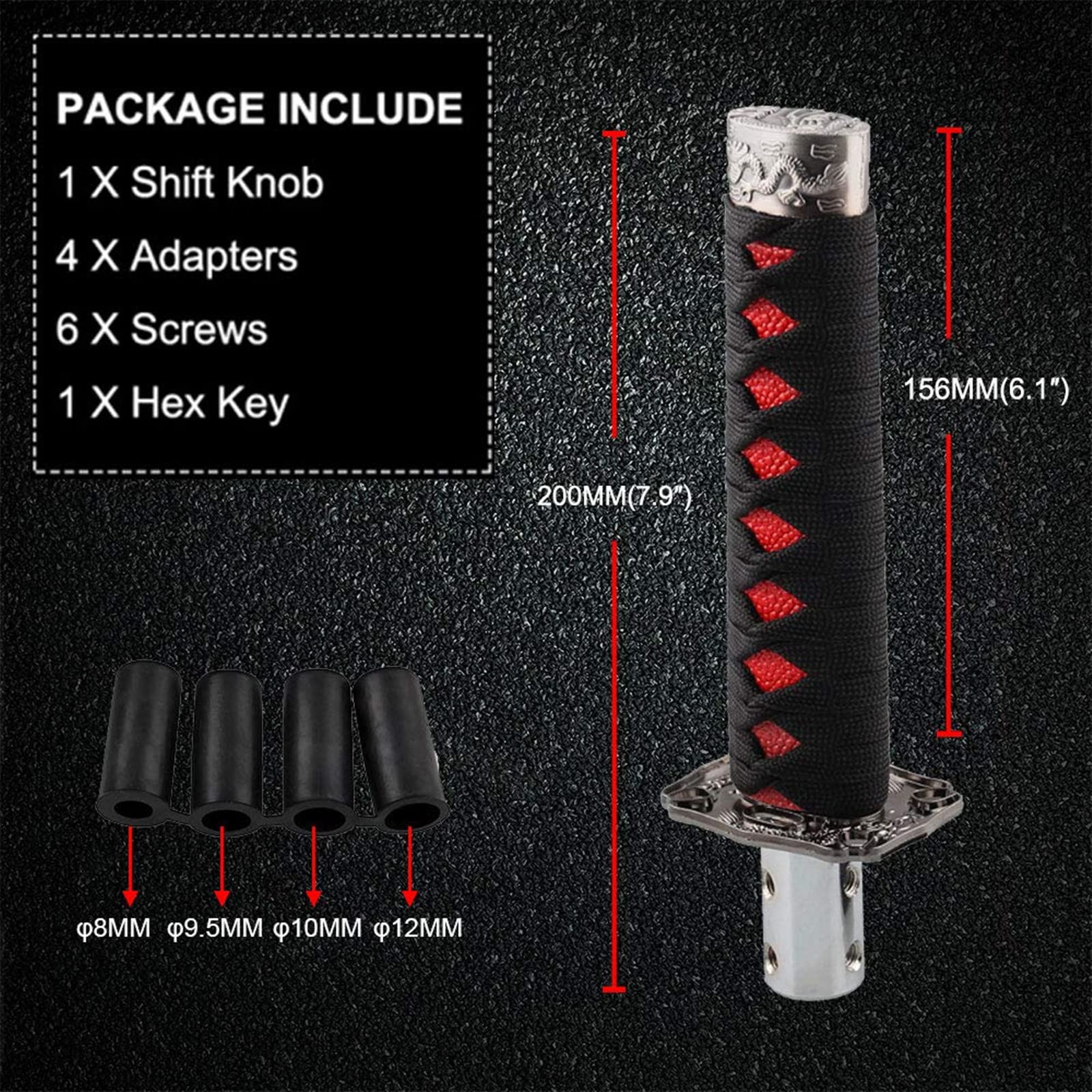 Detailed texture of alloy core, silk wrap, and rayskin on the Katana knob.