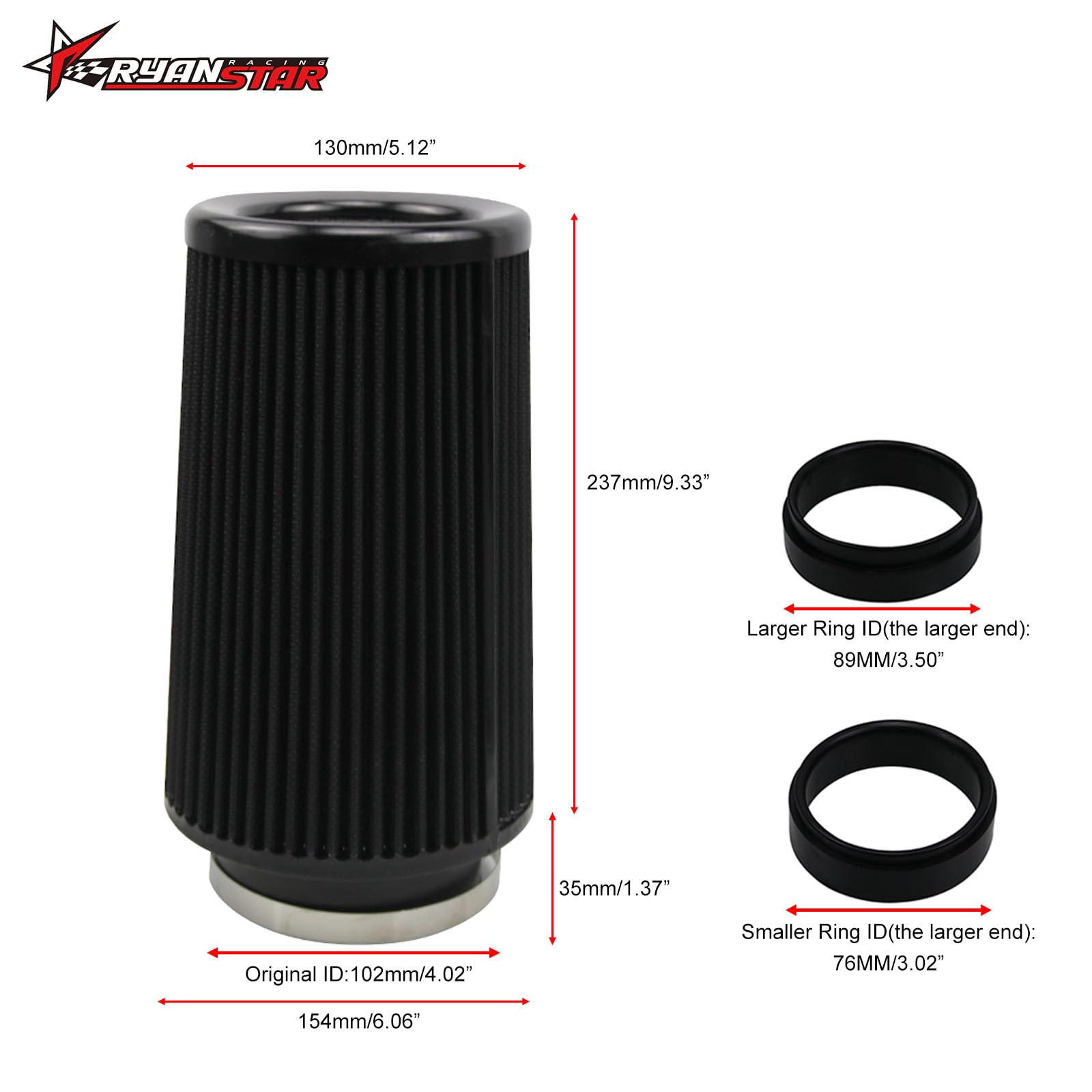 RYANSTAR universal clamp-on air filter 3.5in, high flow for varied engines.