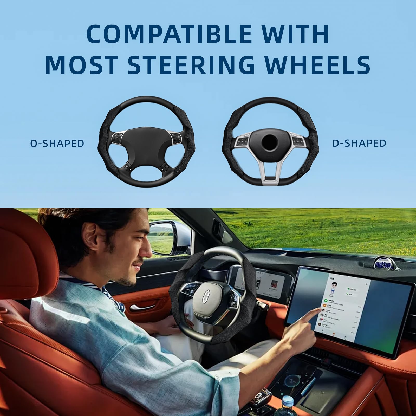RYCELYSIAN suede steering wheel cover fits 14–16 inch wheels for broad compatibility