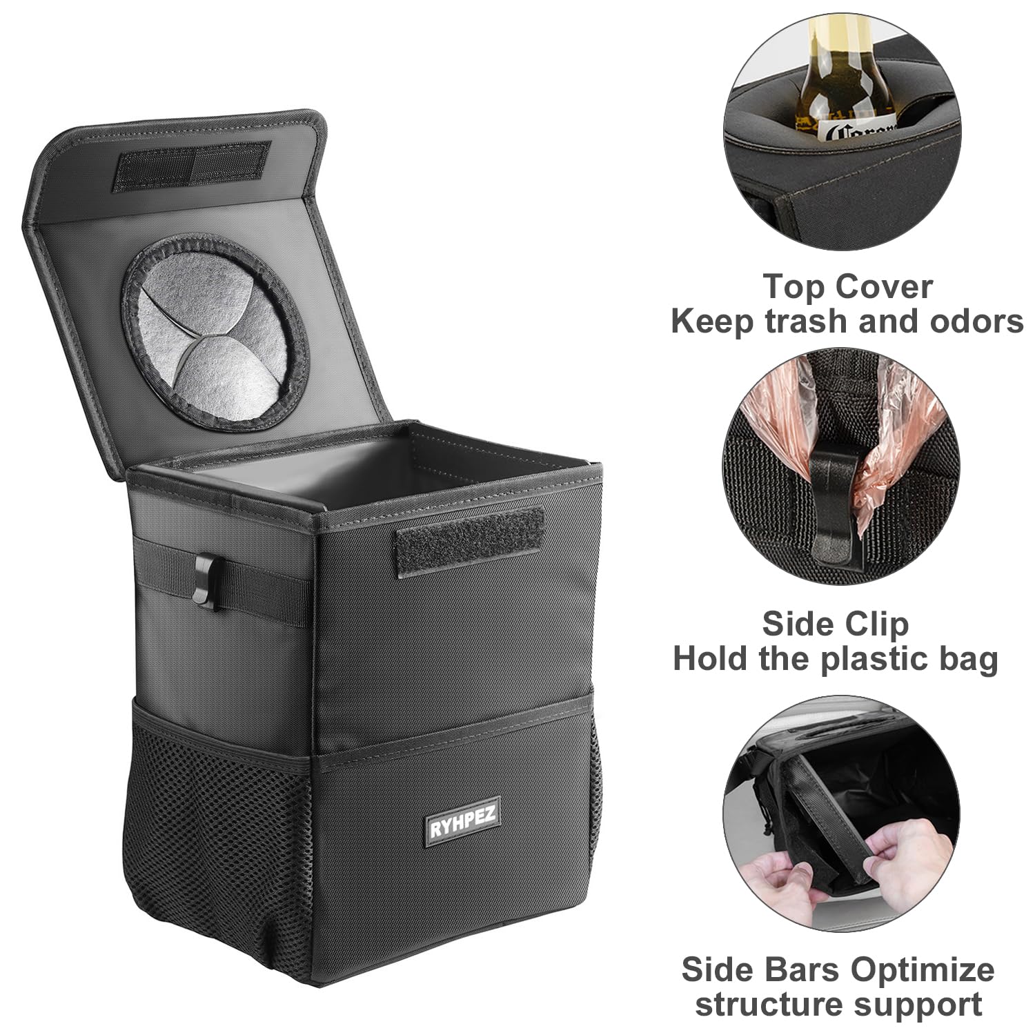 Ryhpez car trash can 2-gallon capacity shown with contents for road trips.