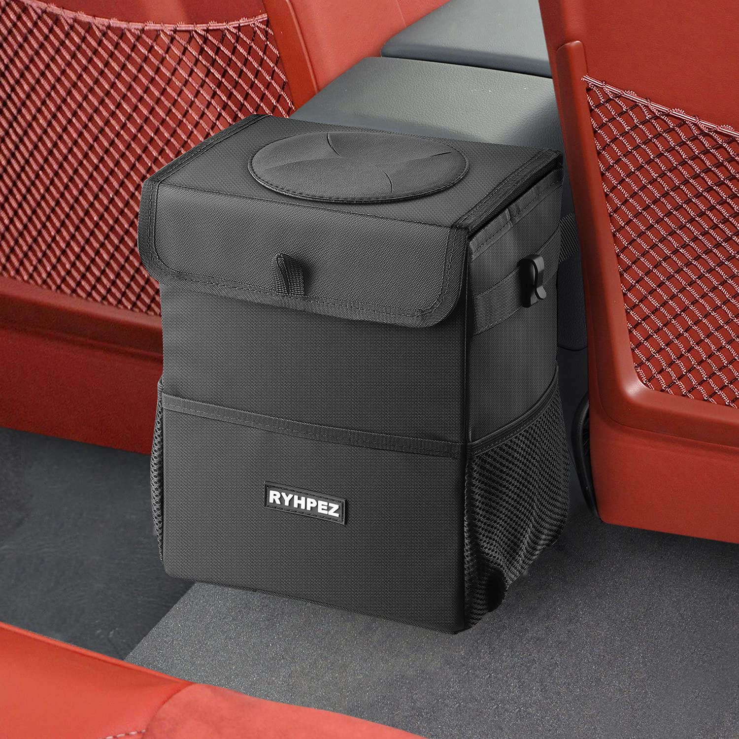Ryhpez car trash can with lid closed showing leakproof design for clean cabins.
