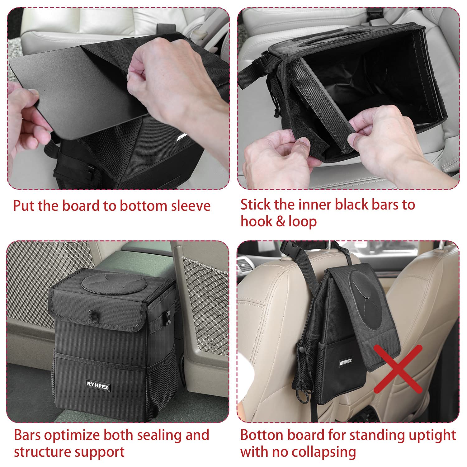 Ryhpez car trash can lid open to reveal easy disposal and accessible waste.