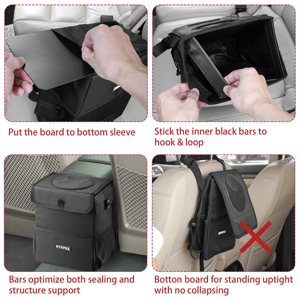 Ryhpez car trash can lid open to reveal easy disposal and accessible waste.