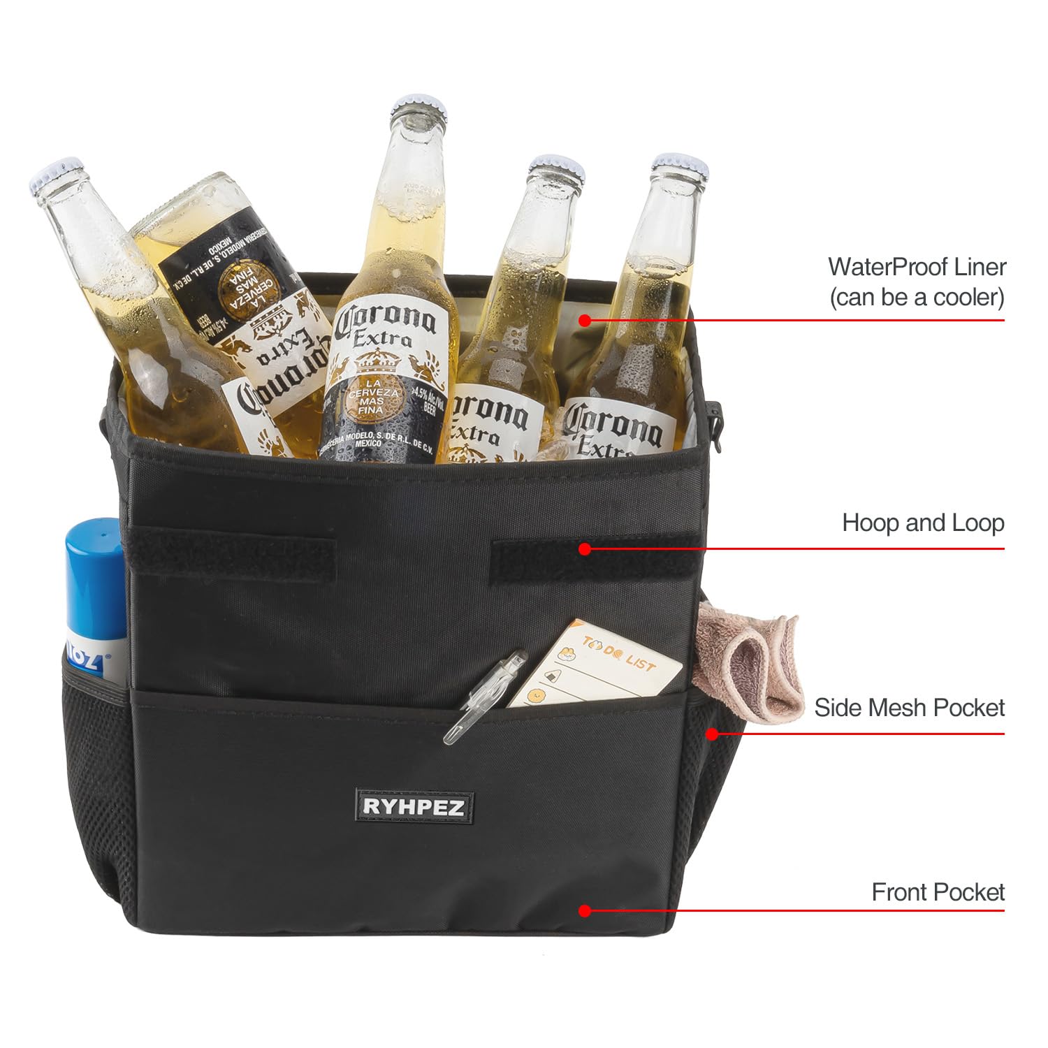 Ryhpez foldable car trash bag compresses for easy storage when not in use.