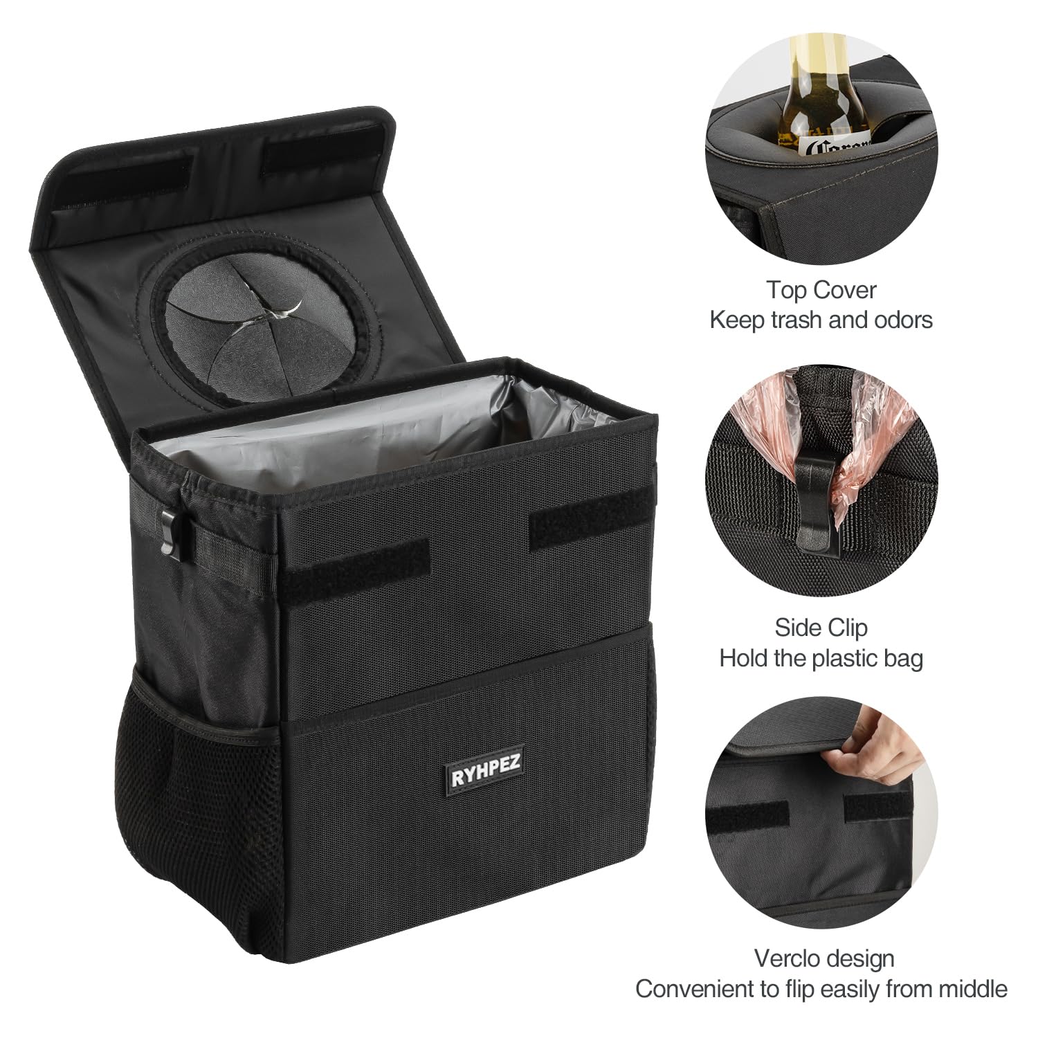 Ryhpez hanging trash bin strap secures the bag for spill-free organization.