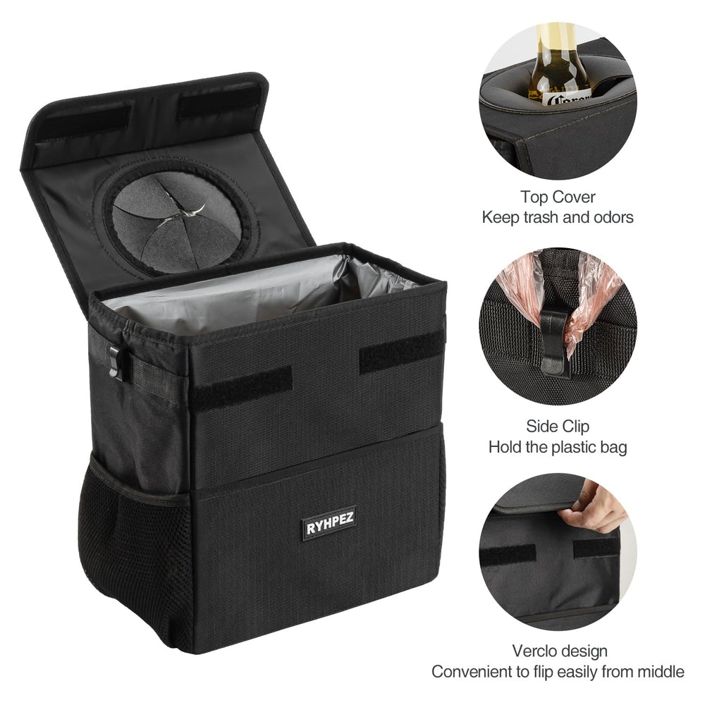 Ryhpez hanging trash bin strap secures the bag for spill-free organization.