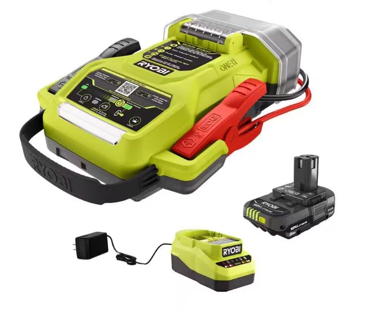 RYOBI ONE+ 18V jump starter front view showing compact design with 1600A peak.
