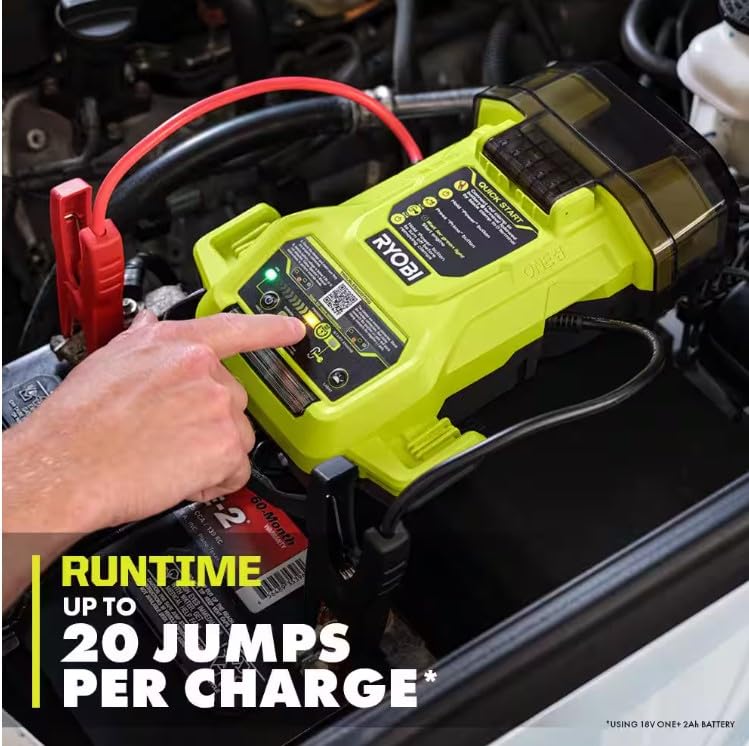 RYOBI ONE+ unit connected to a car during jump start for engine power.