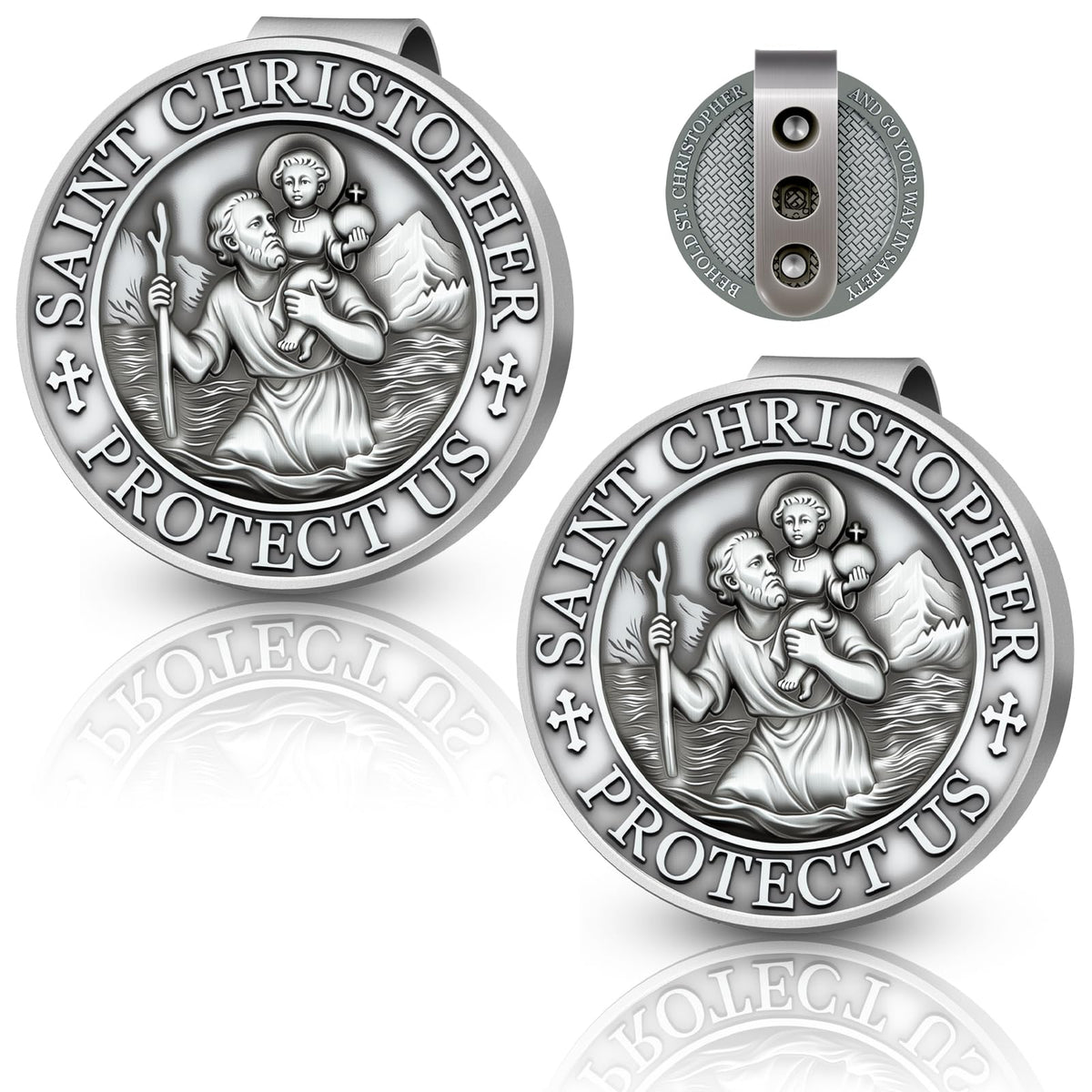 RYYOF St Christopher car medal double-sided front view, symbol of faith on the road