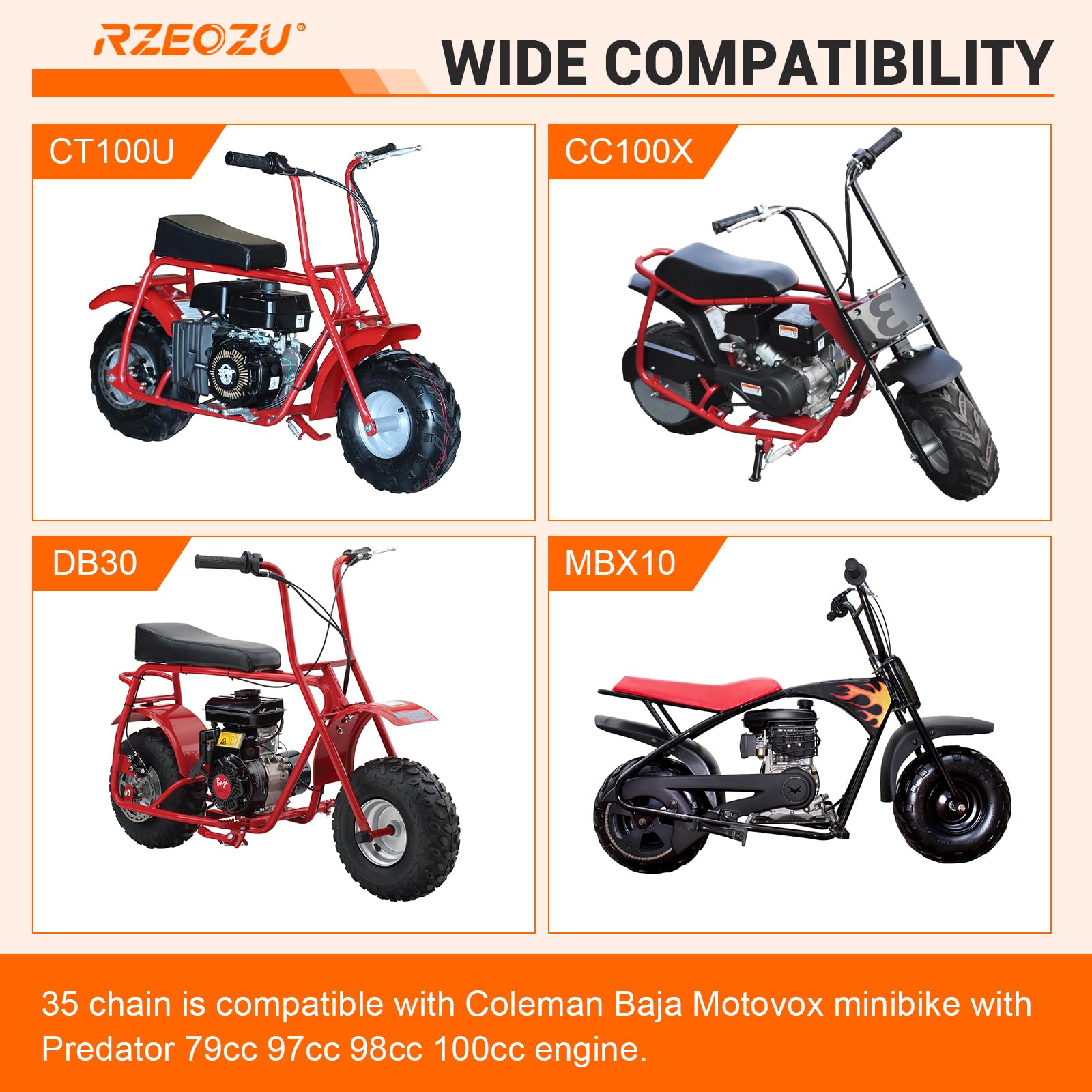 RZEOZU CT100U/CC100X compatibility highlight for versatile minibikes.