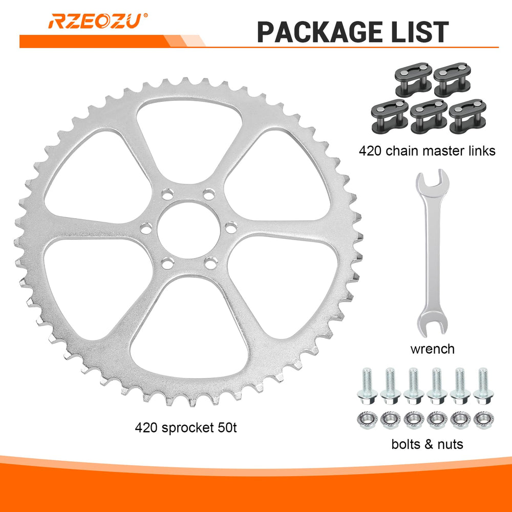 RZEOZU packing list includes sprocket, master links, screws, nuts, and wrench