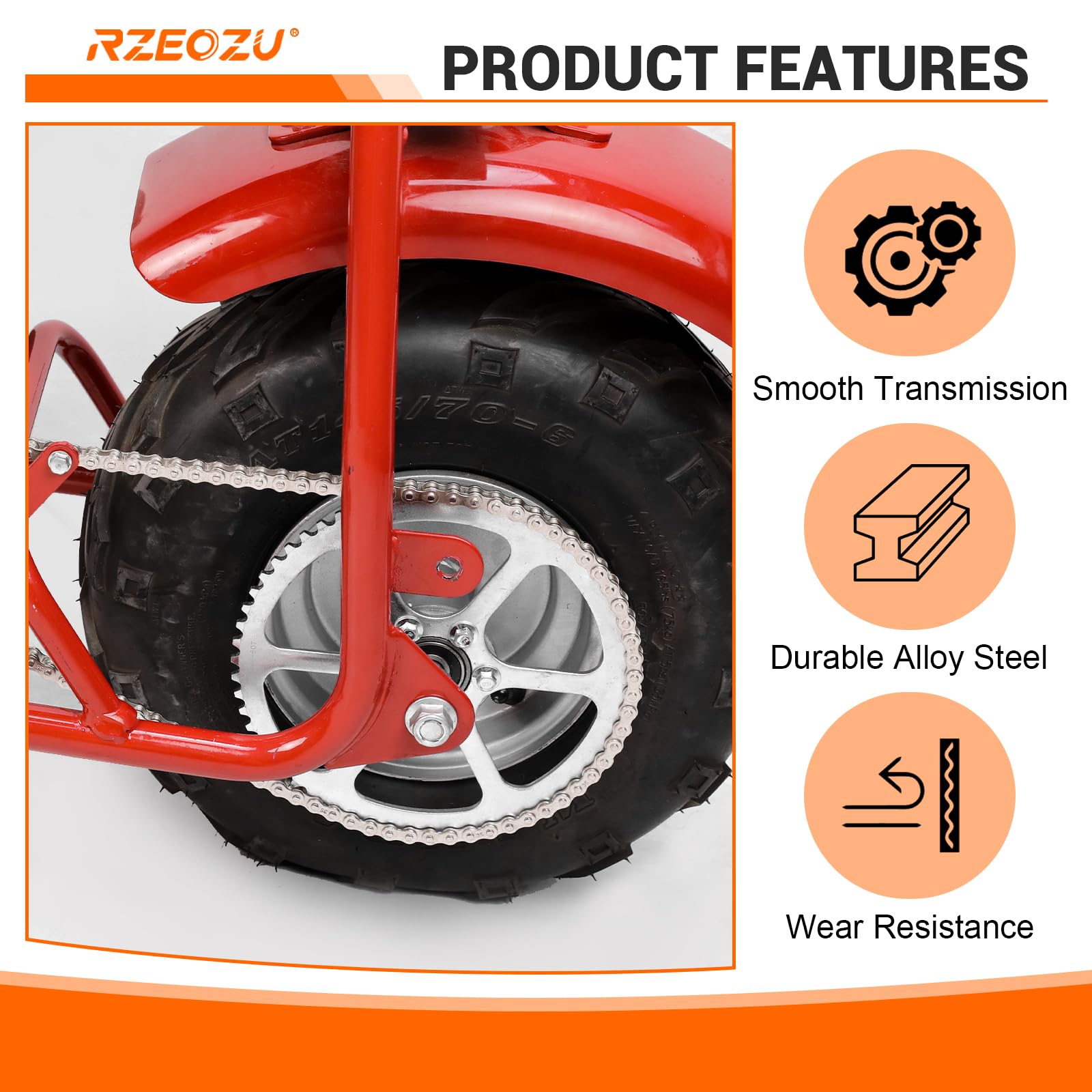 RZEOZU silver drive chain enhances minibike aesthetics and performance.