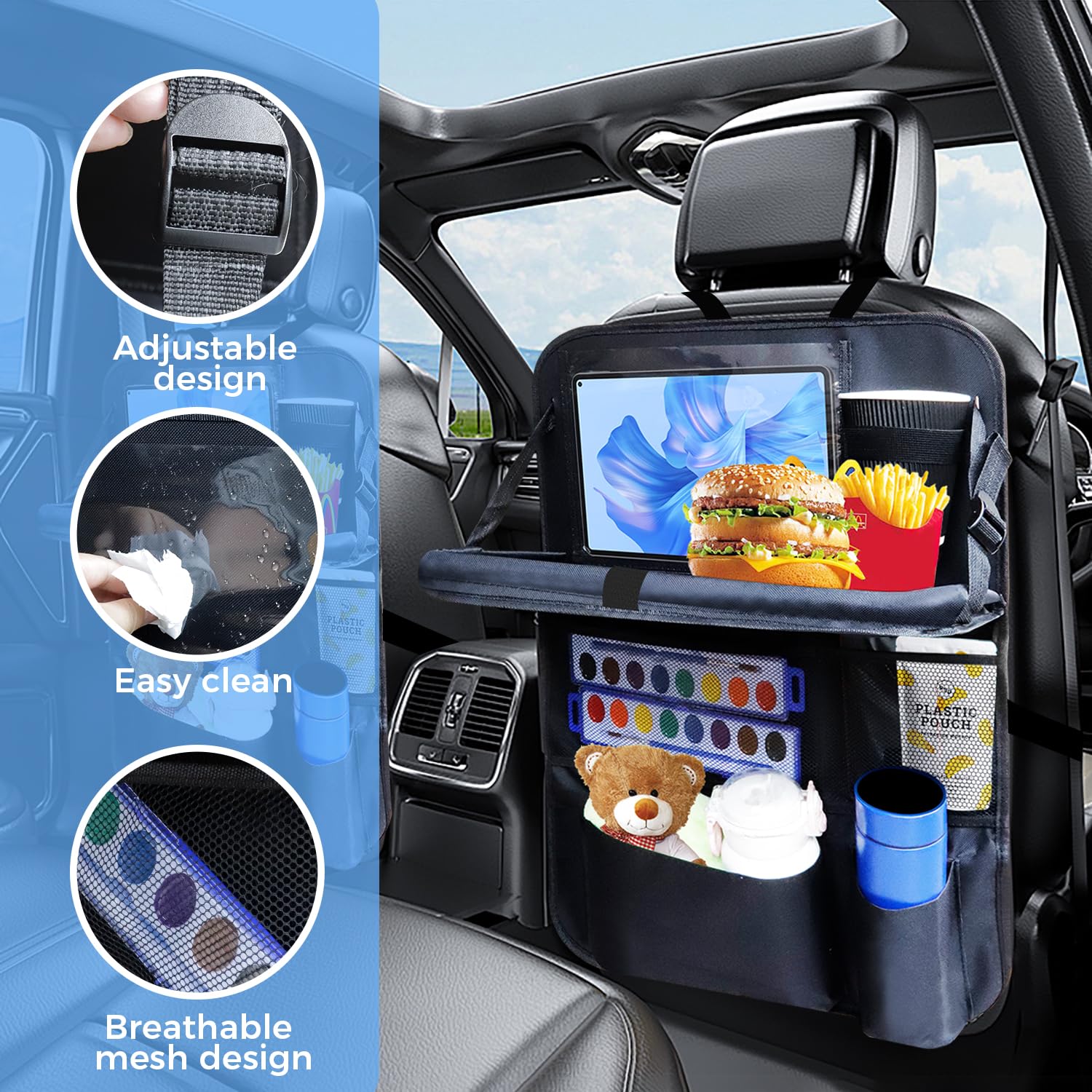 Rzoixuur backseat organizer fabric compartments store toys and books for road trips.