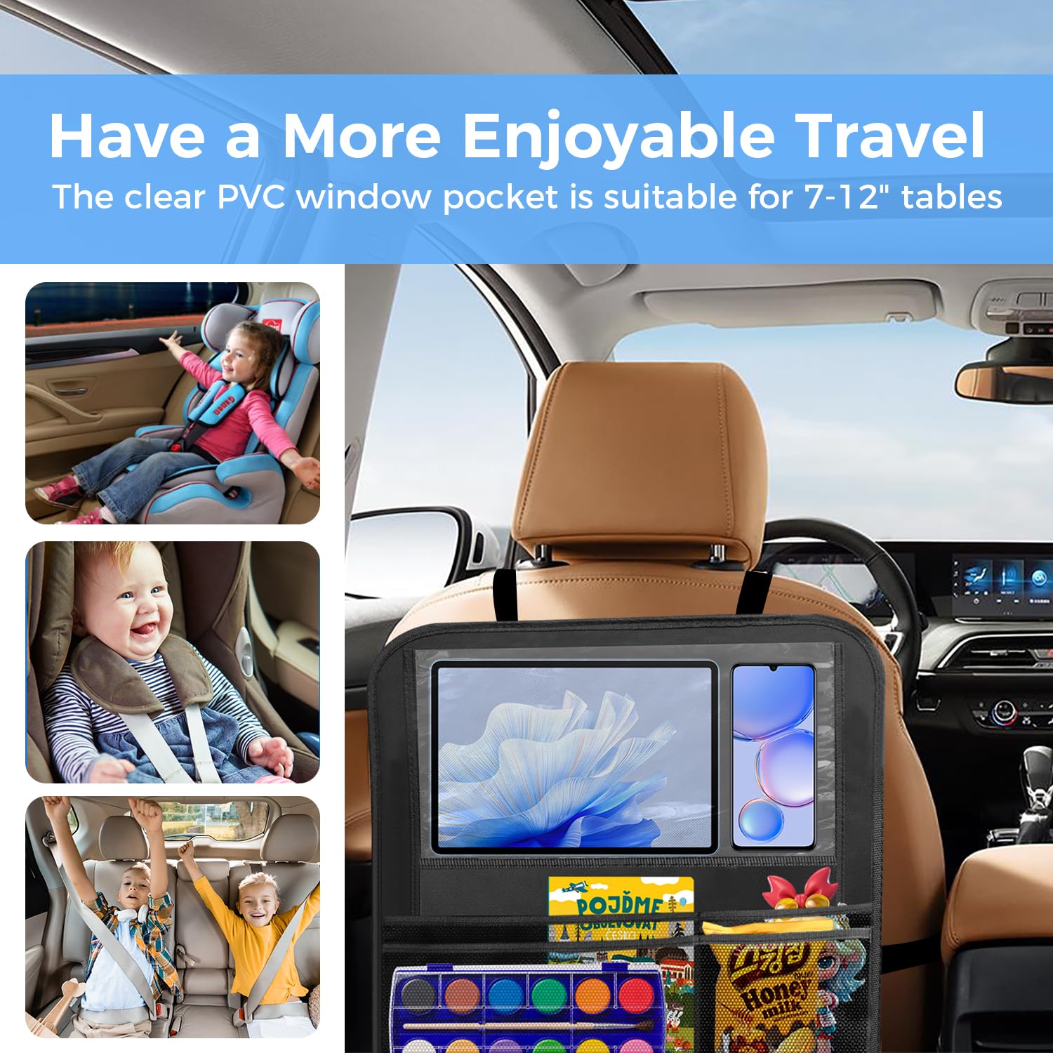 Rzoixuur backseat organizer mesh pockets keep bottles and snacks within easy reach.