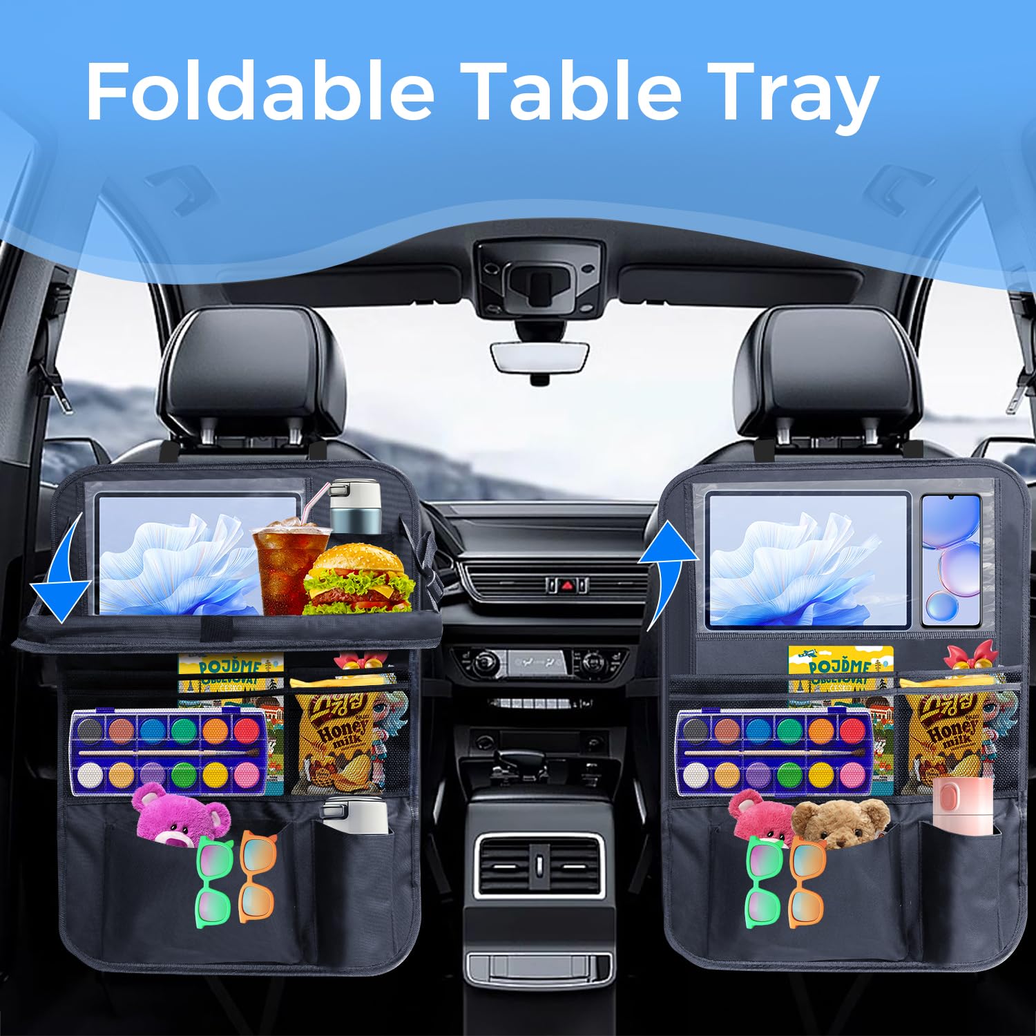 Rzoixuur backseat organizer tablet sleeve keeps devices secure for in-car entertainment.