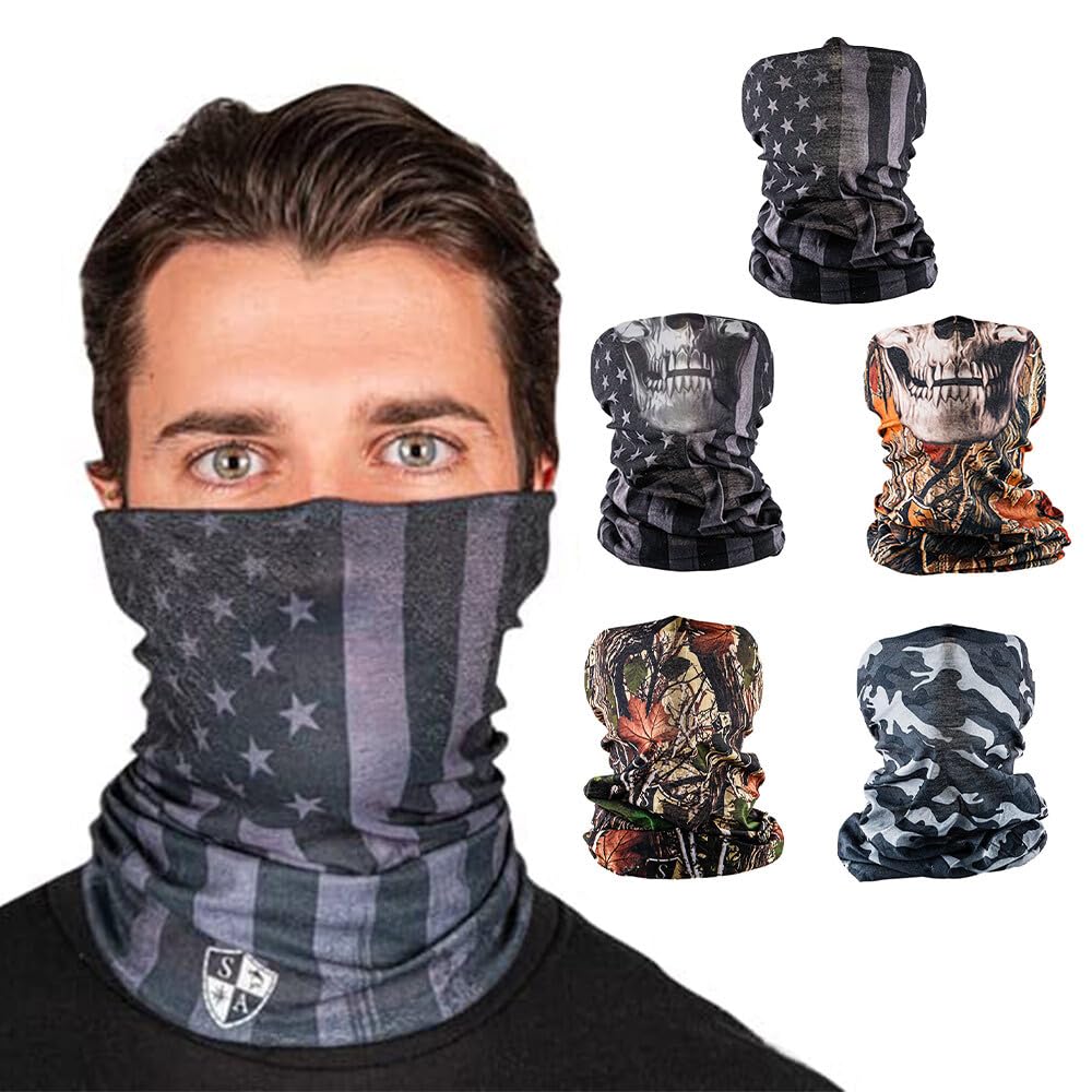 S A Company UV face shield 5-pack front view with hunting camouflage design and UPF 30+ protection