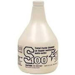 S100 Total Cycle Cleaner bottle pour demonstrates quick spray-on cleaning for motorcycles.