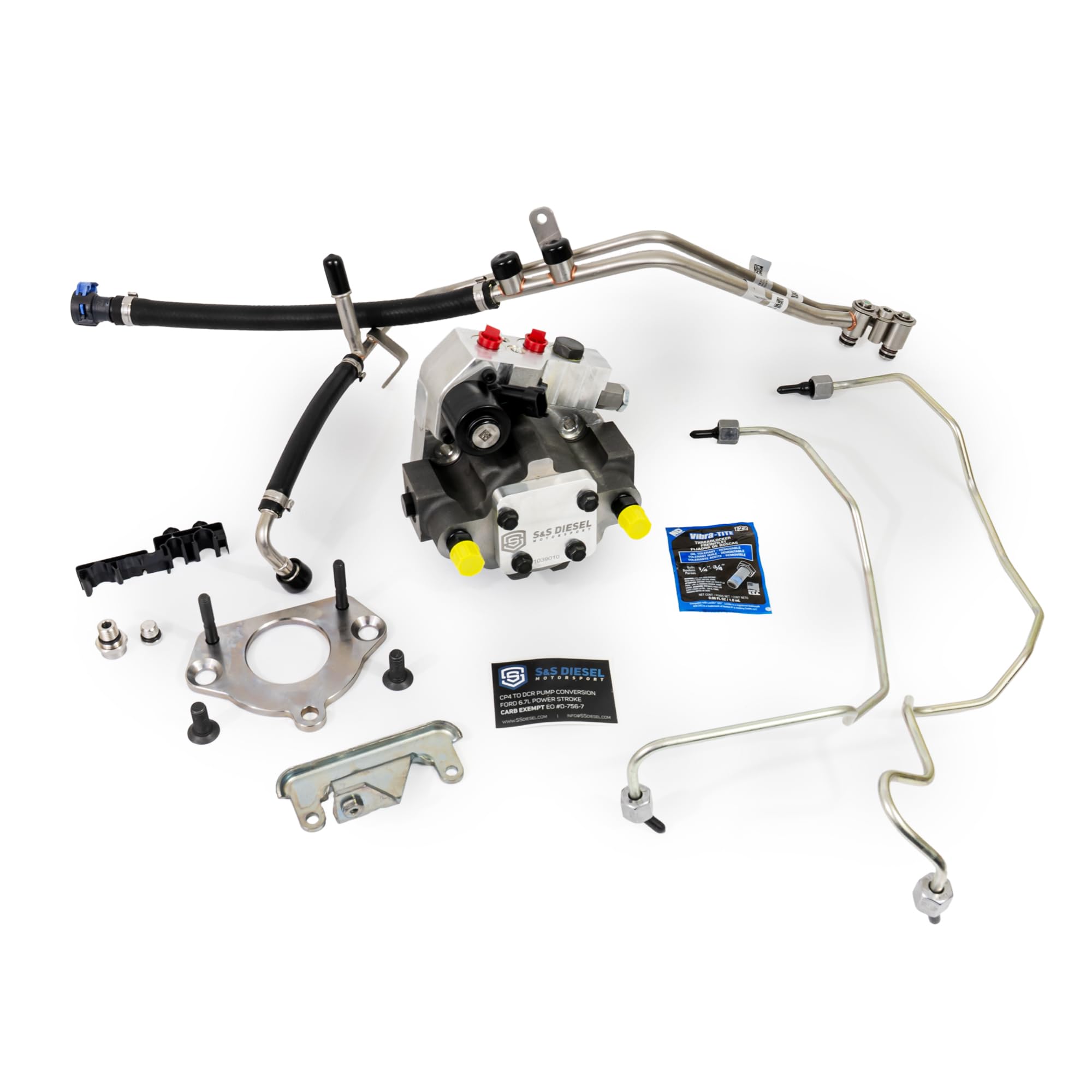 S&S Diesel Motorsport CP4 to DCR conversion assembly on Ford 6.7L engine, offering a more reliable upgrade.