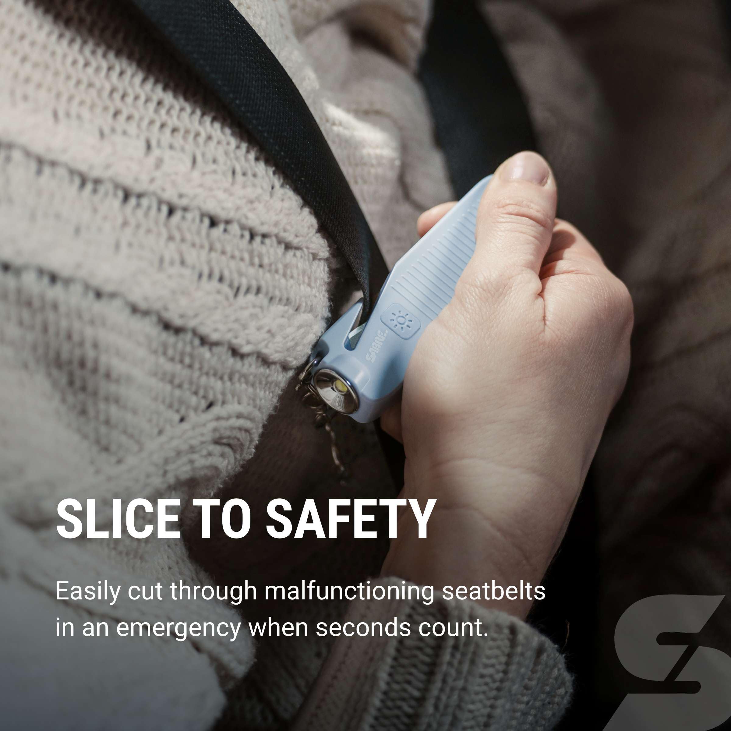 SABRE seatbelt cutter slices jammed belts for rapid self-rescue