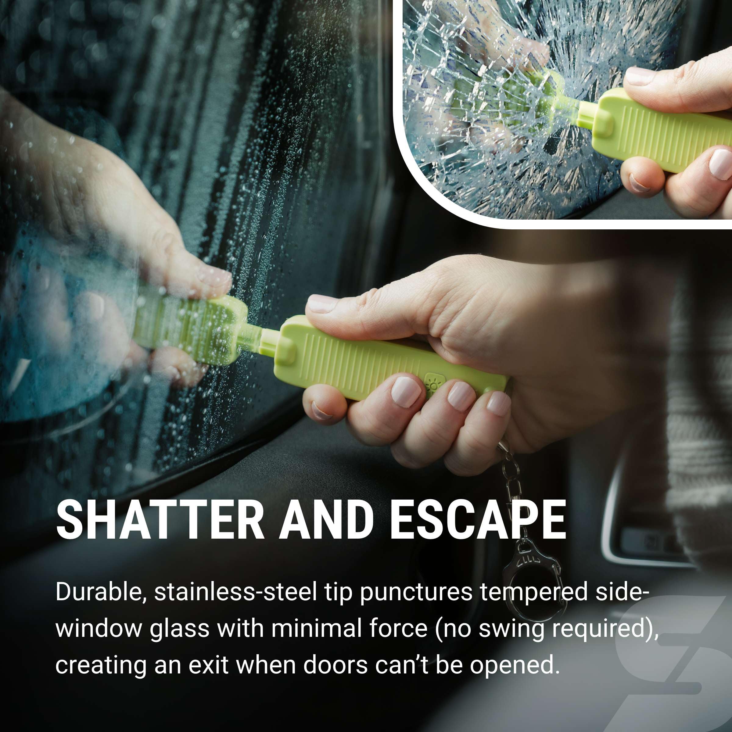 SABRE Safe Escape LED light with 100-lumen brightness for visibility.
