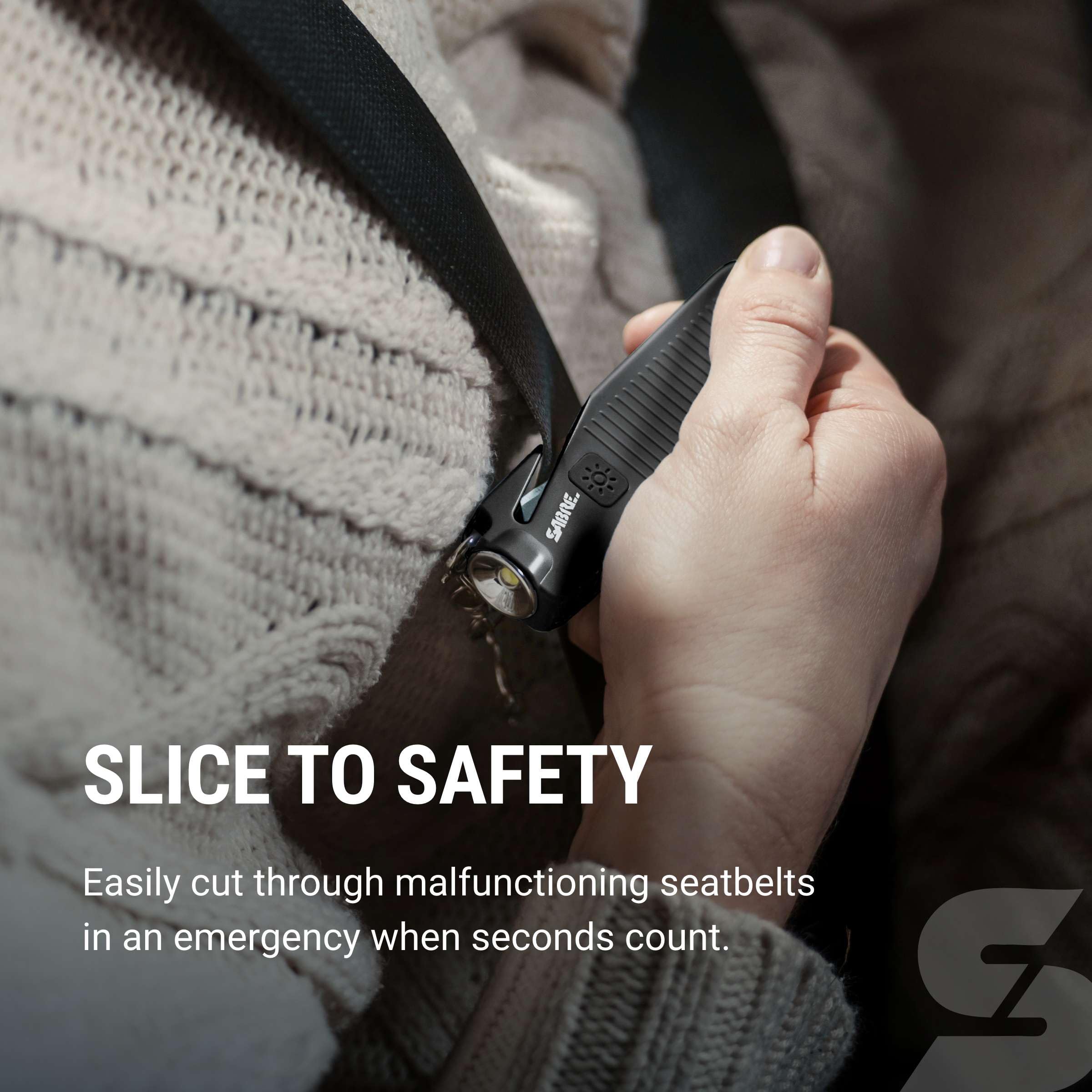 SABRE Safe Escape Tool seat belt cutter enables rapid freeing after impact.