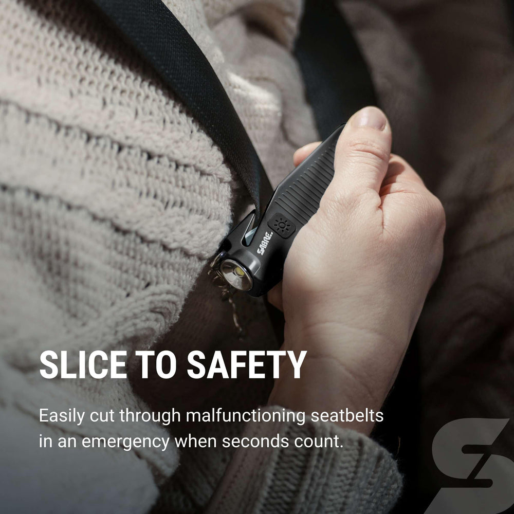 SABRE Safe Escape Tool seat belt cutter enables rapid freeing after impact.