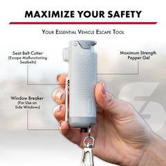 SABRE Safe Escape window breaker shows escape through a jammed window.