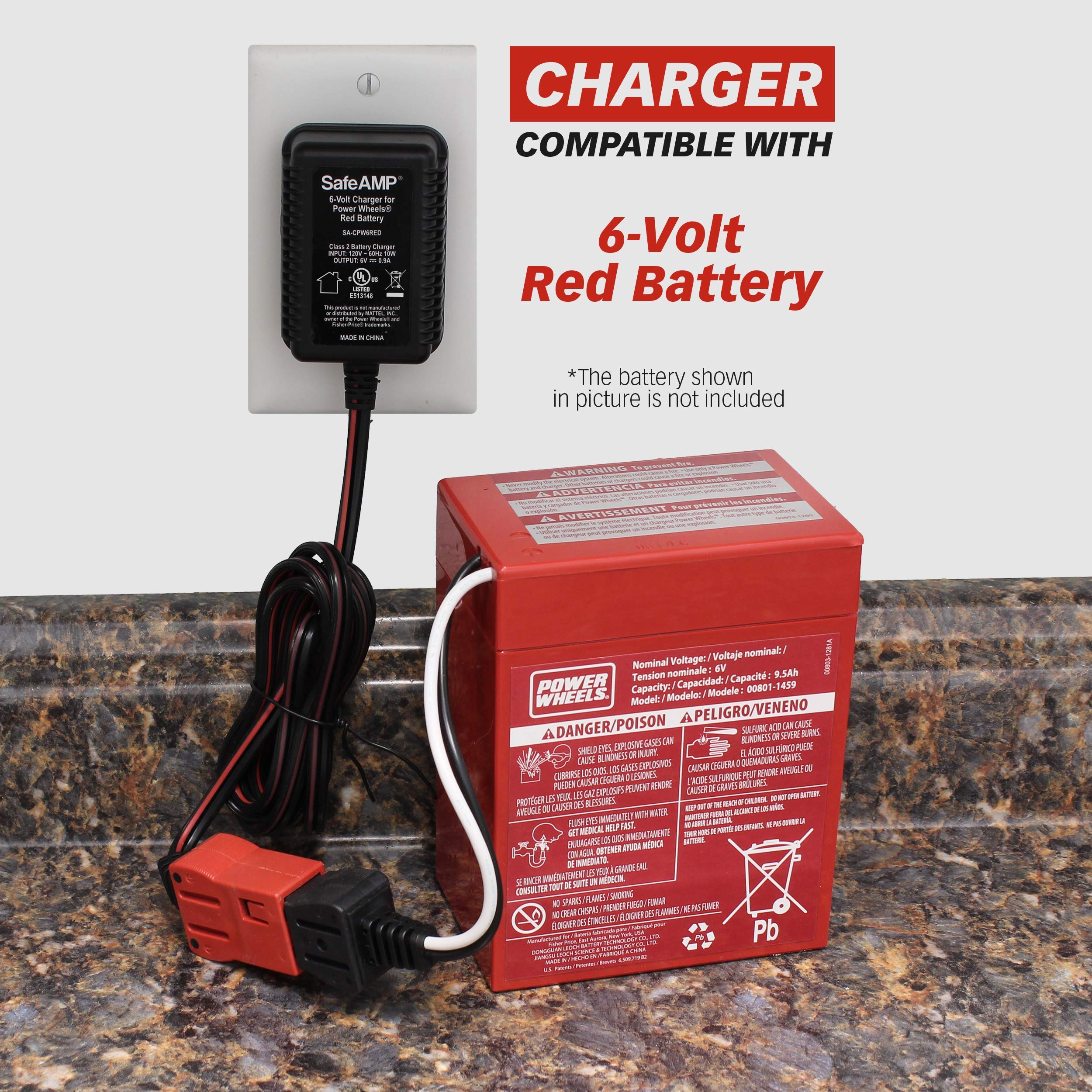 SafeAMP red 6V charger with square-type plug for quick setup