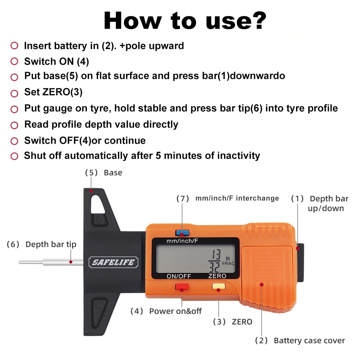 SAFELIFE digital tire tread depth gauge battery-saving mode in action