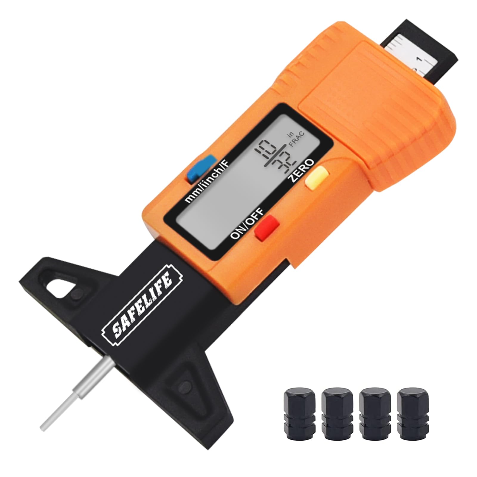 SAFELIFE digital tire tread depth gauge front view showing clear interface
