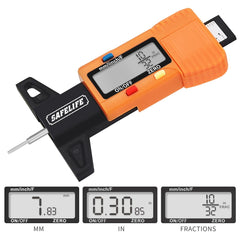 SAFELIFE digital tire tread depth gauge side panel highlighting compact form