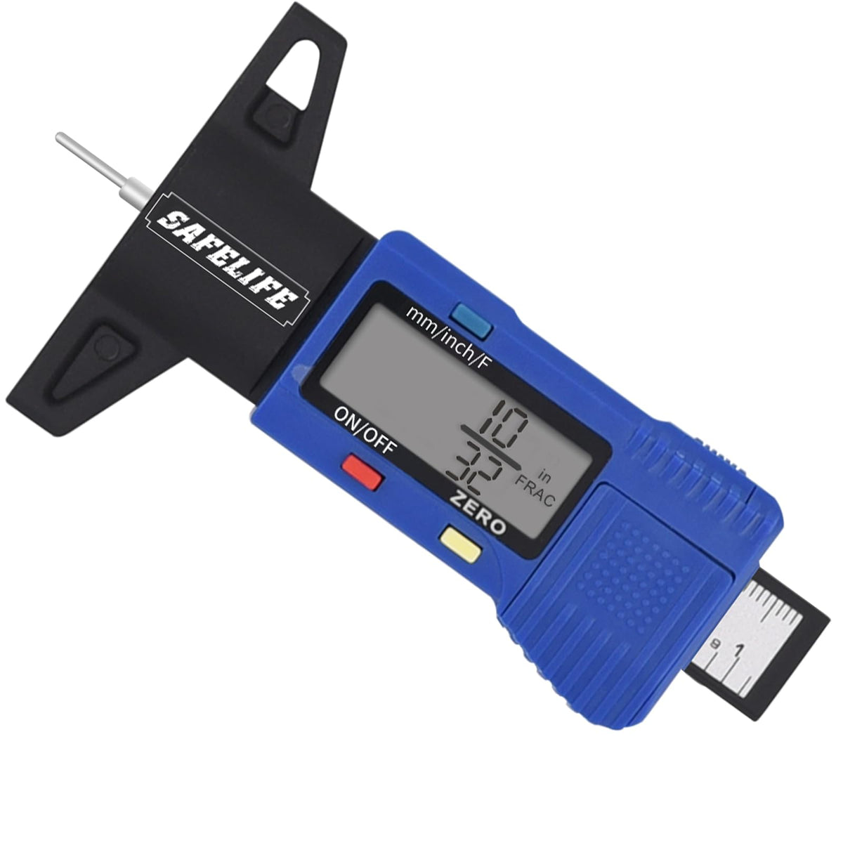 SAFELIFE Tire Tread Depth Gauge with front display for accurate readings.