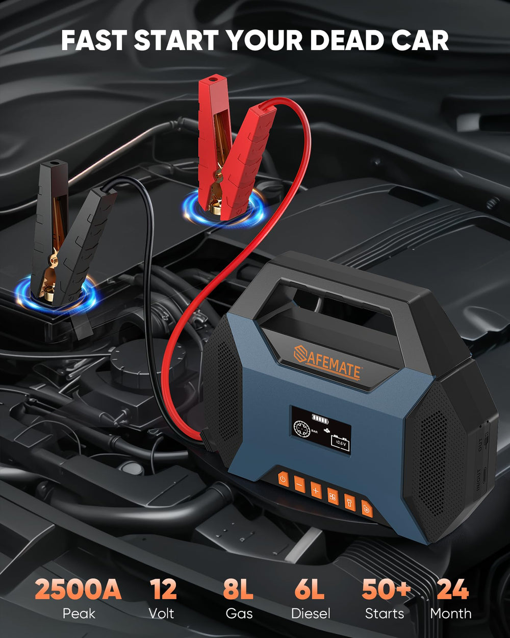 Safemate 2500A air compressor inflating tire in action for quick on-road maintenance