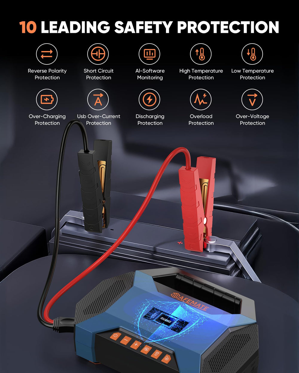 Safemate 2500A includes jumper cables and nozzles for versatile tire and battery tasks
